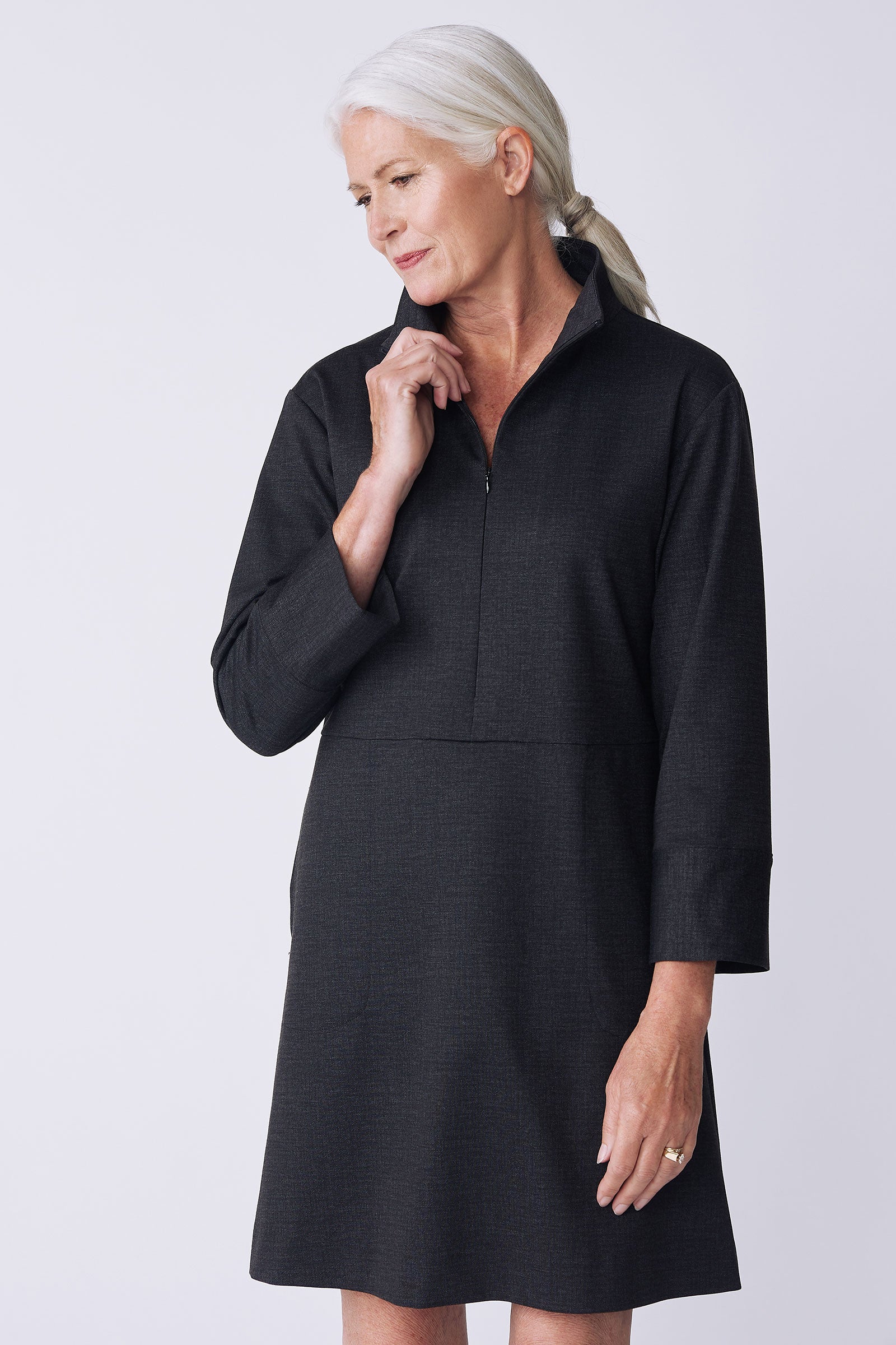 Kal Rieman Harper Dress in charcoal ponte on model side view detail holding collar