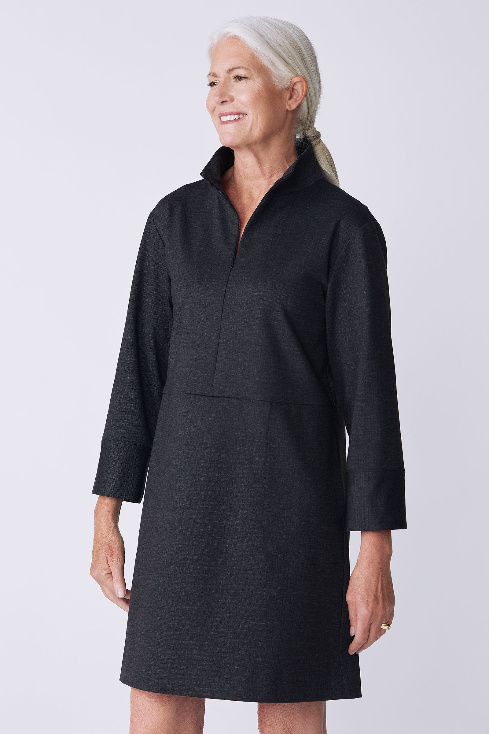Kal Rieman Harper Dress in charcoal ponte on model side view detail smiling