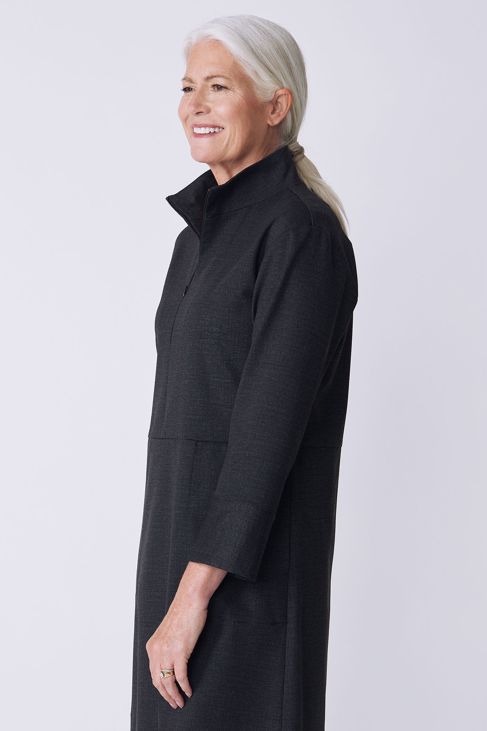 Kal Rieman Harper Dress in charcoal ponte on model side view detail