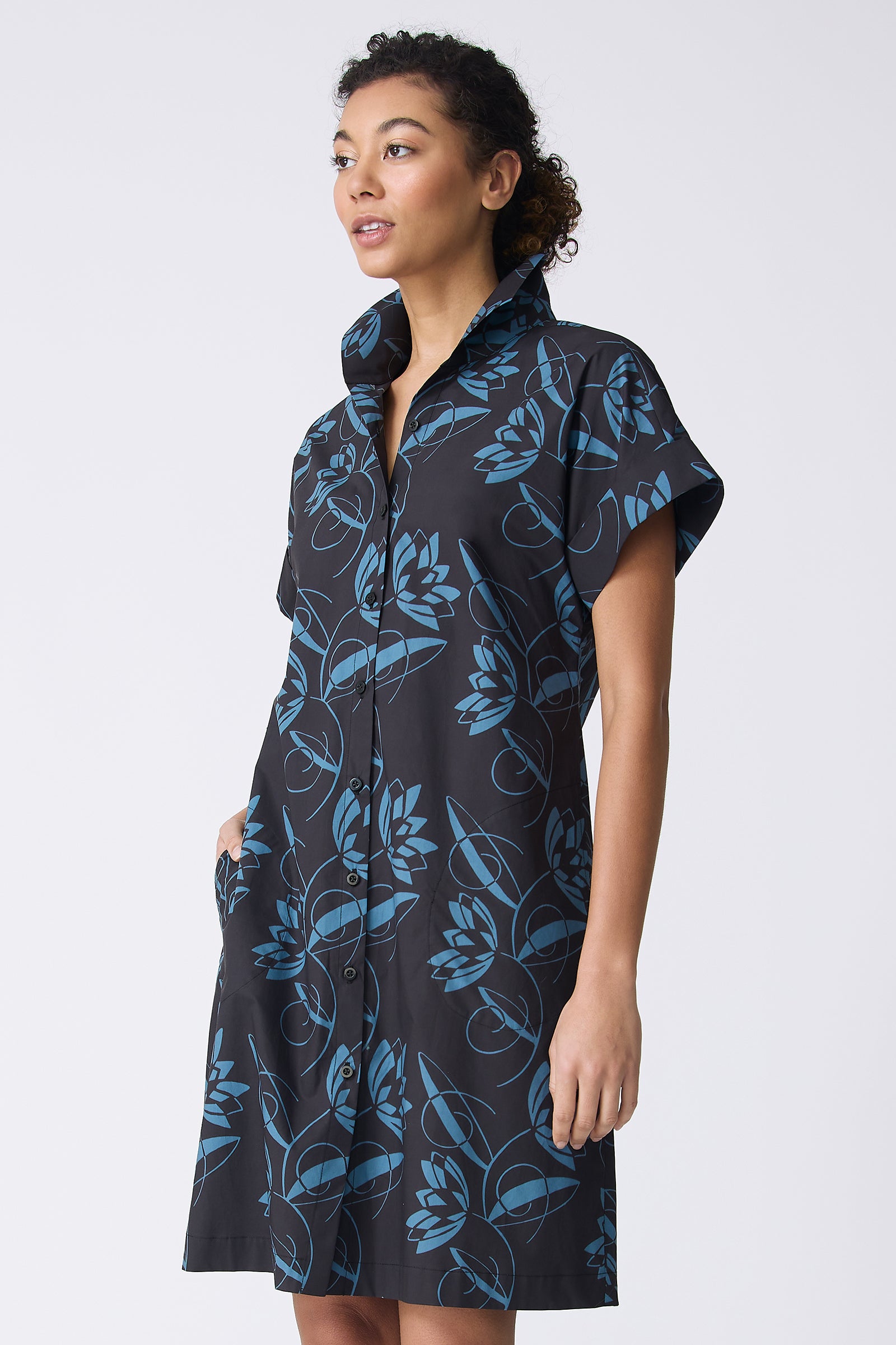 Kal Rieman Holly Kimono Dress in Lotus Print on model front side view