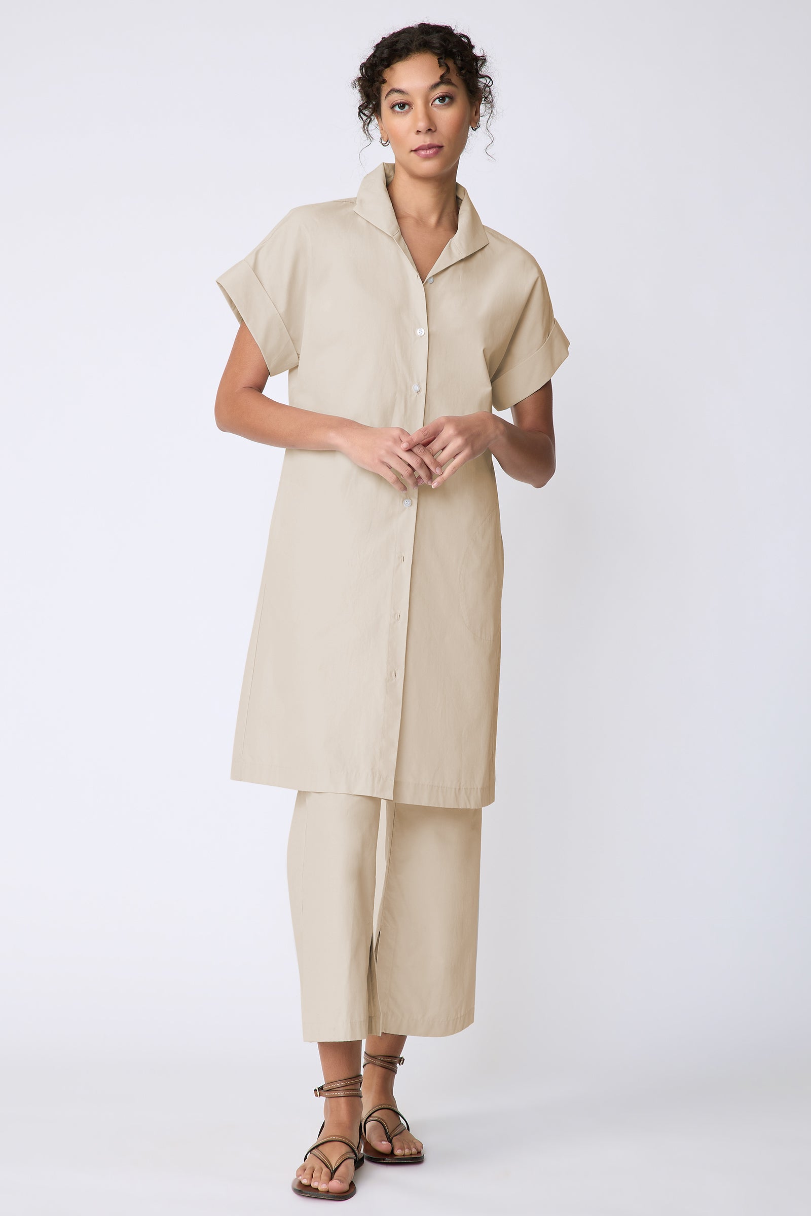 Kal Rieman Holly Kimono Dress in Italian broadcloth sand on model front view full length hands in front