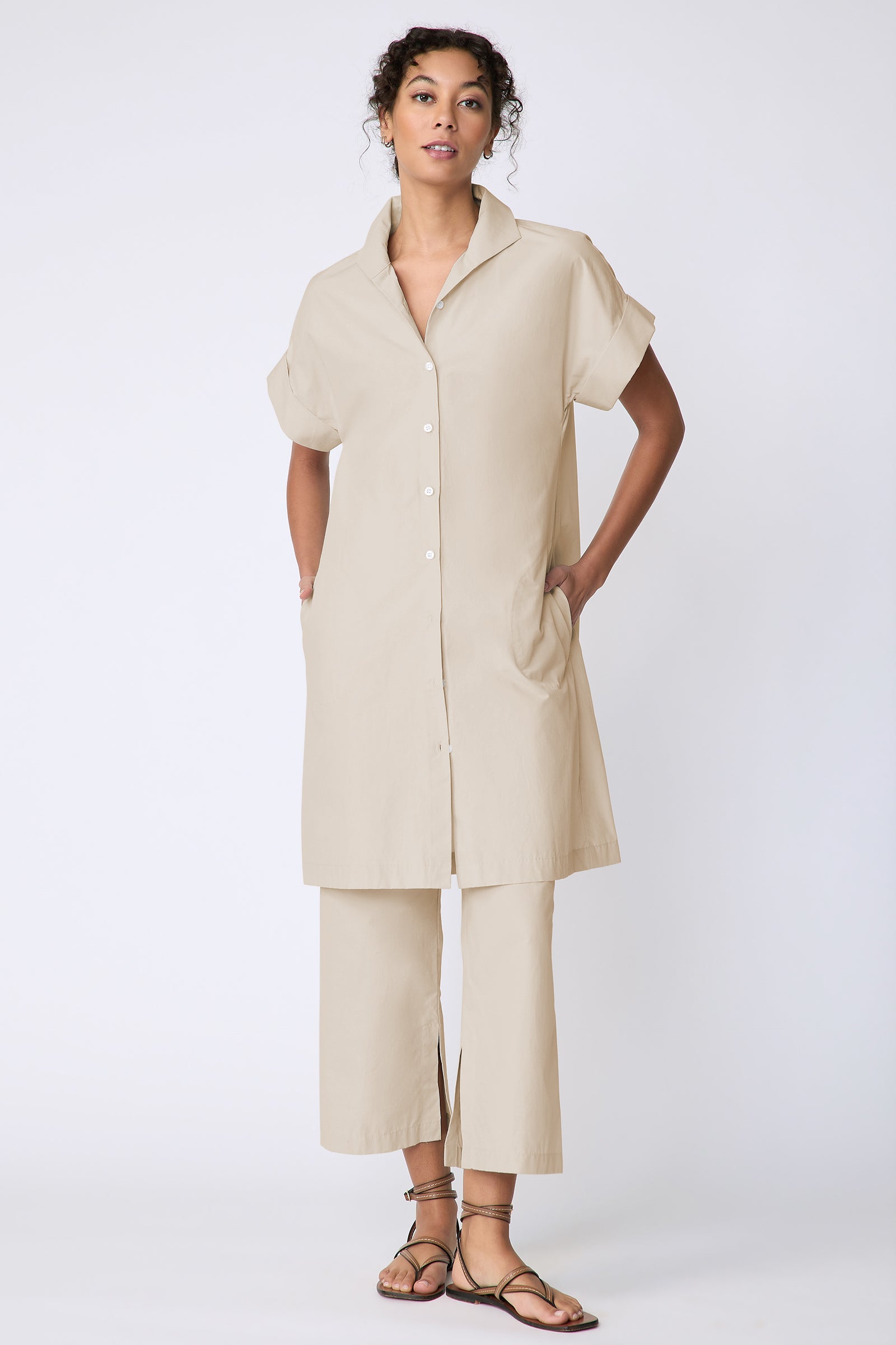 Kal Rieman Holly Kimono Dress in Italian broadcloth sand on model front view full length hands in pockets