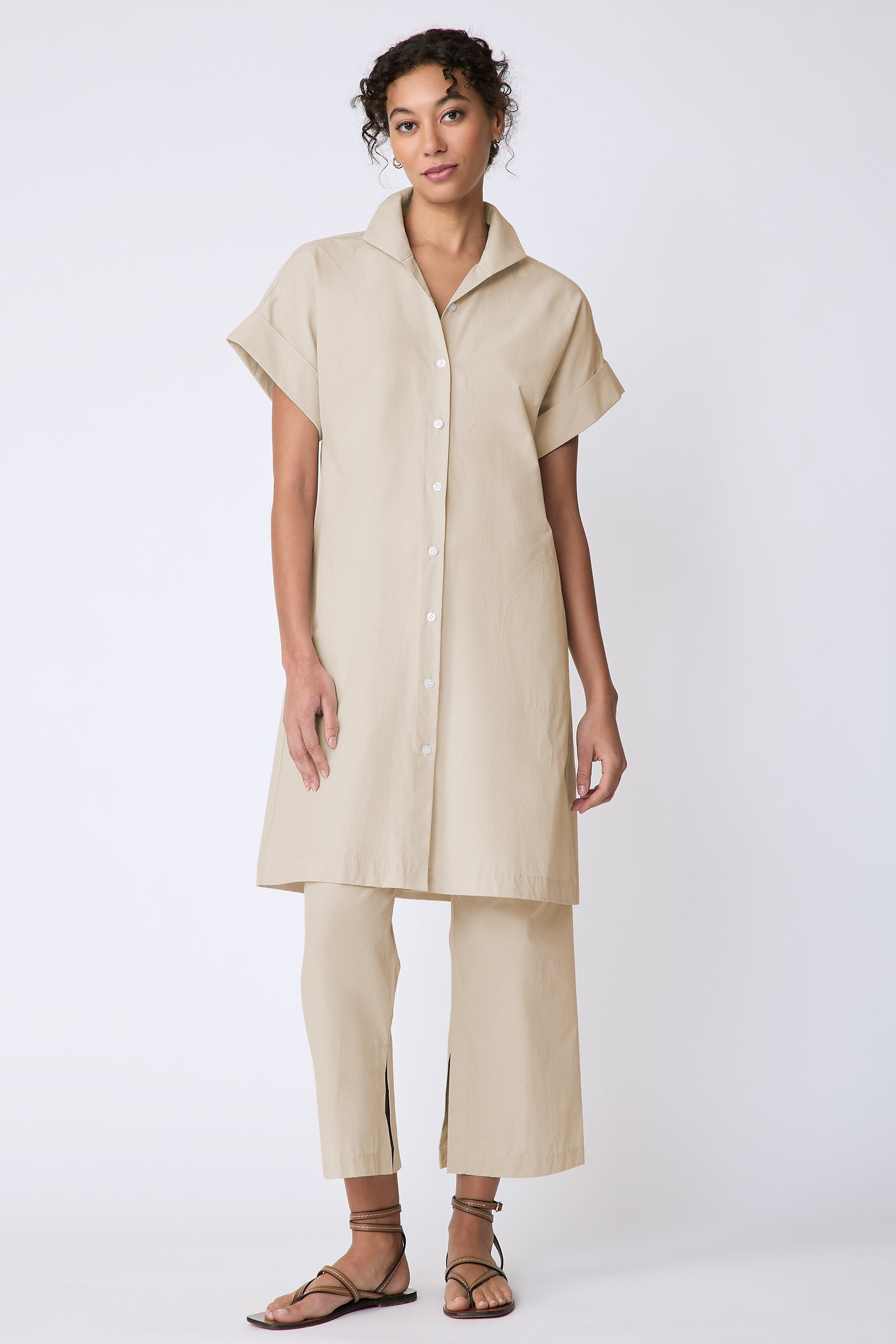 Kal Rieman Holly Kimono Dress in Italian broadcloth sand on model front view full length