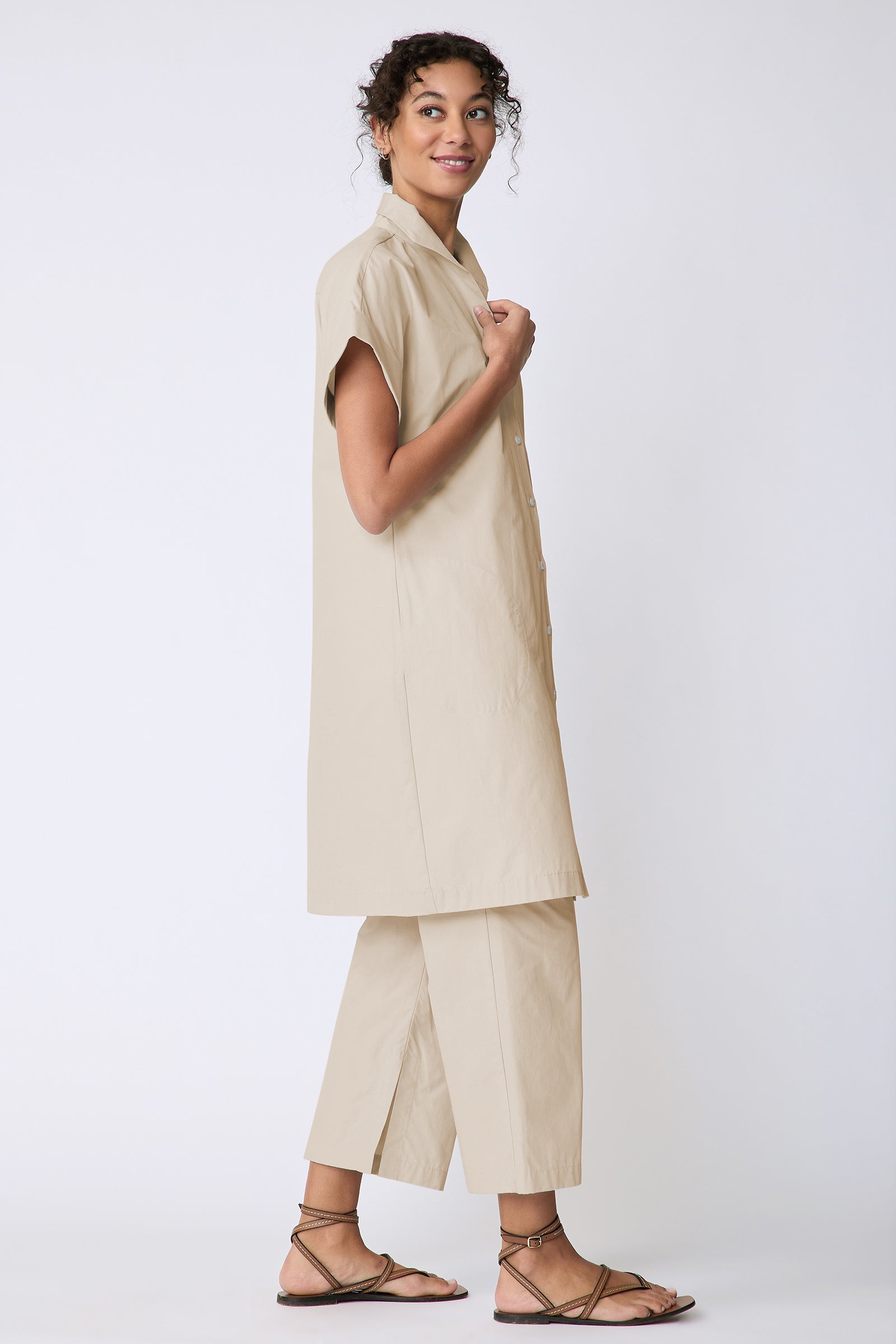 Kal Rieman Holly Kimono Dress in Italian broadcloth sand on model side view walking