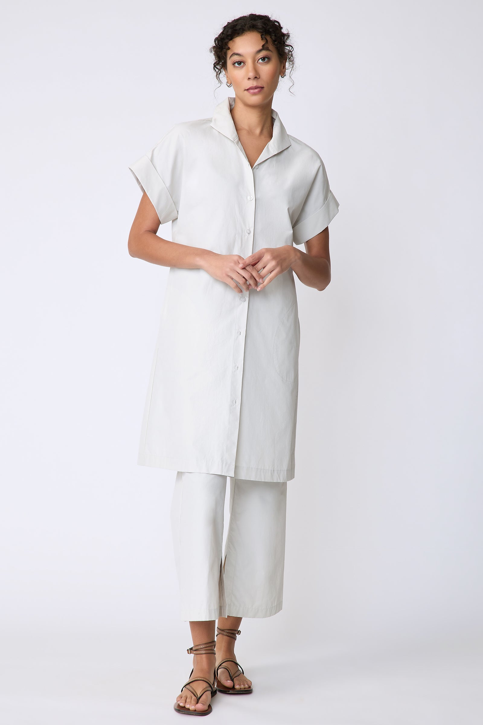 Kal Rieman Holly Kimono Dress in Italian broadcloth stone on model front view full length hands in front