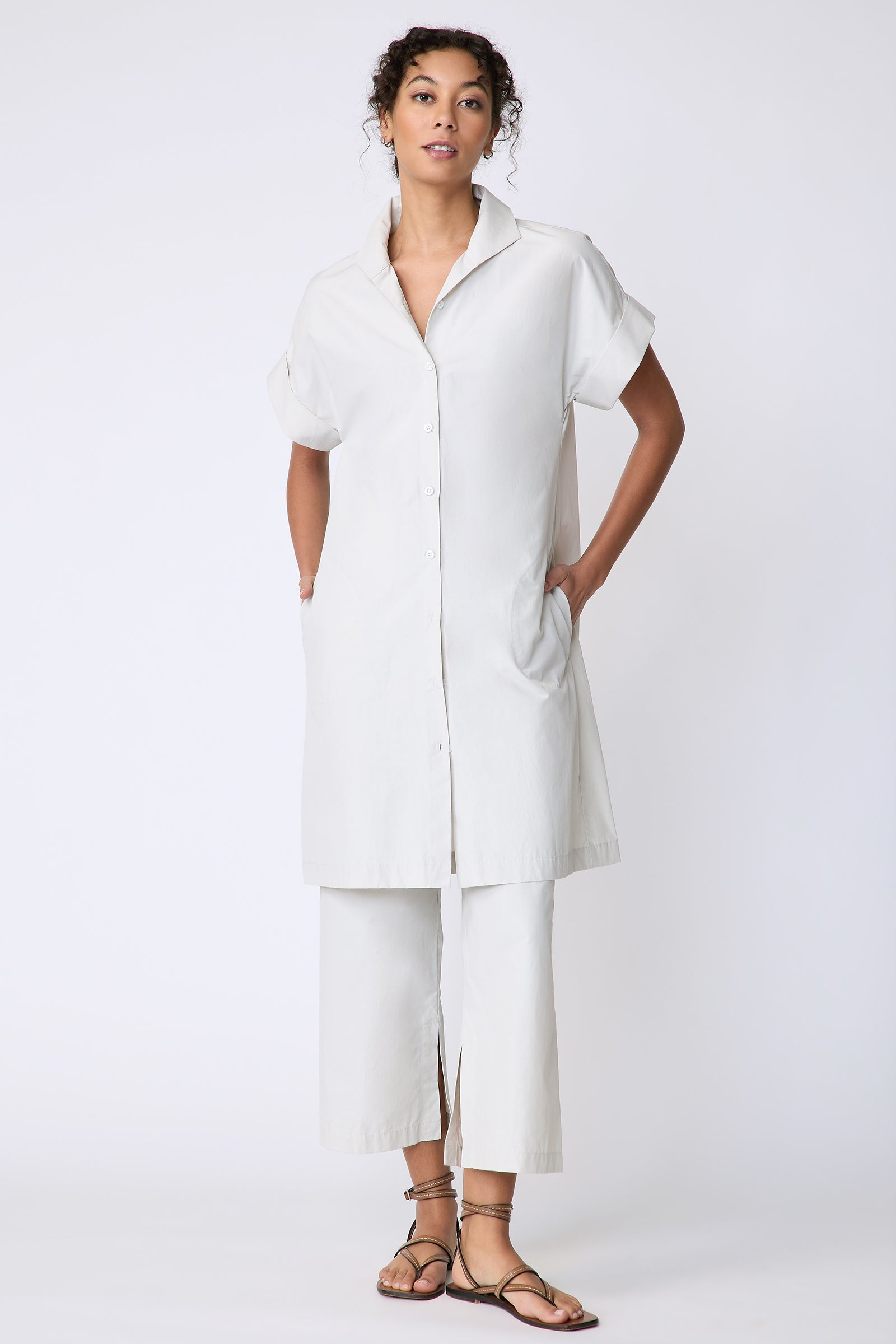 Kal Rieman Holly Kimono Dress in Italian broadcloth stone on model front view full length hands in pockets