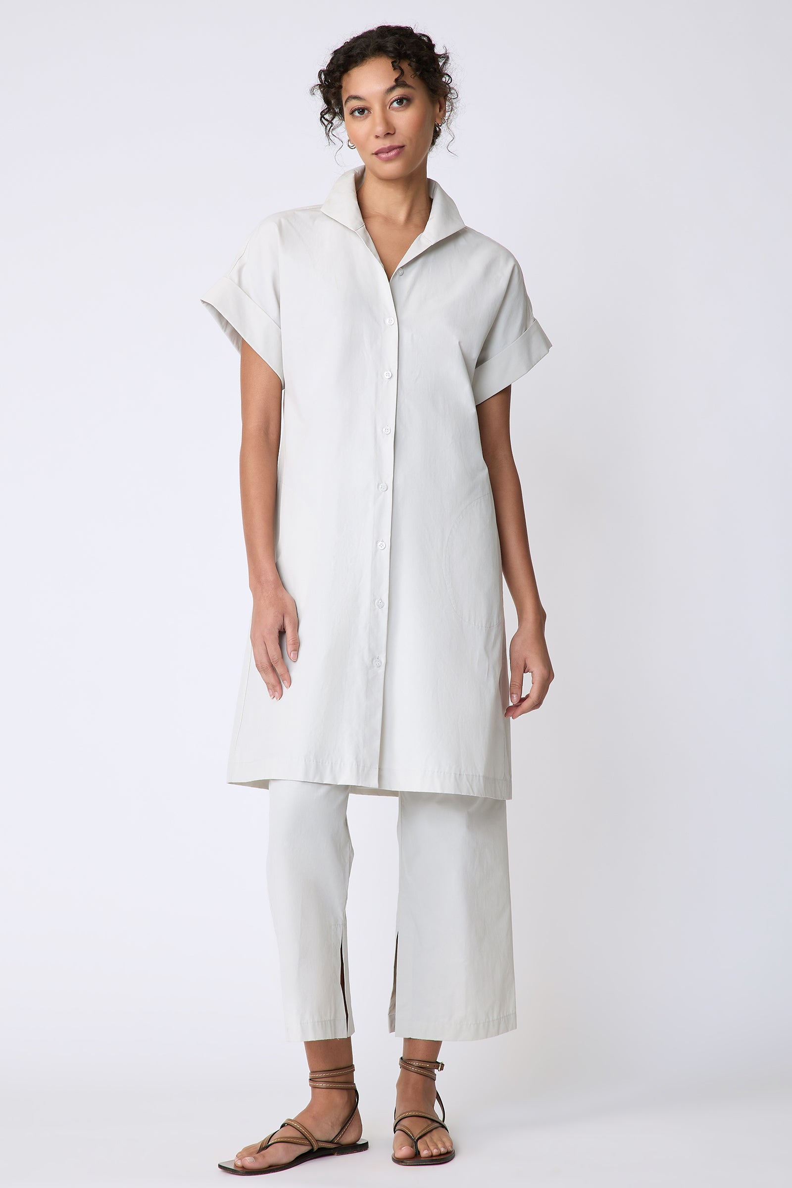 Kal Rieman Holly Kimono Dress in Italian broadcloth stone on model front view full length