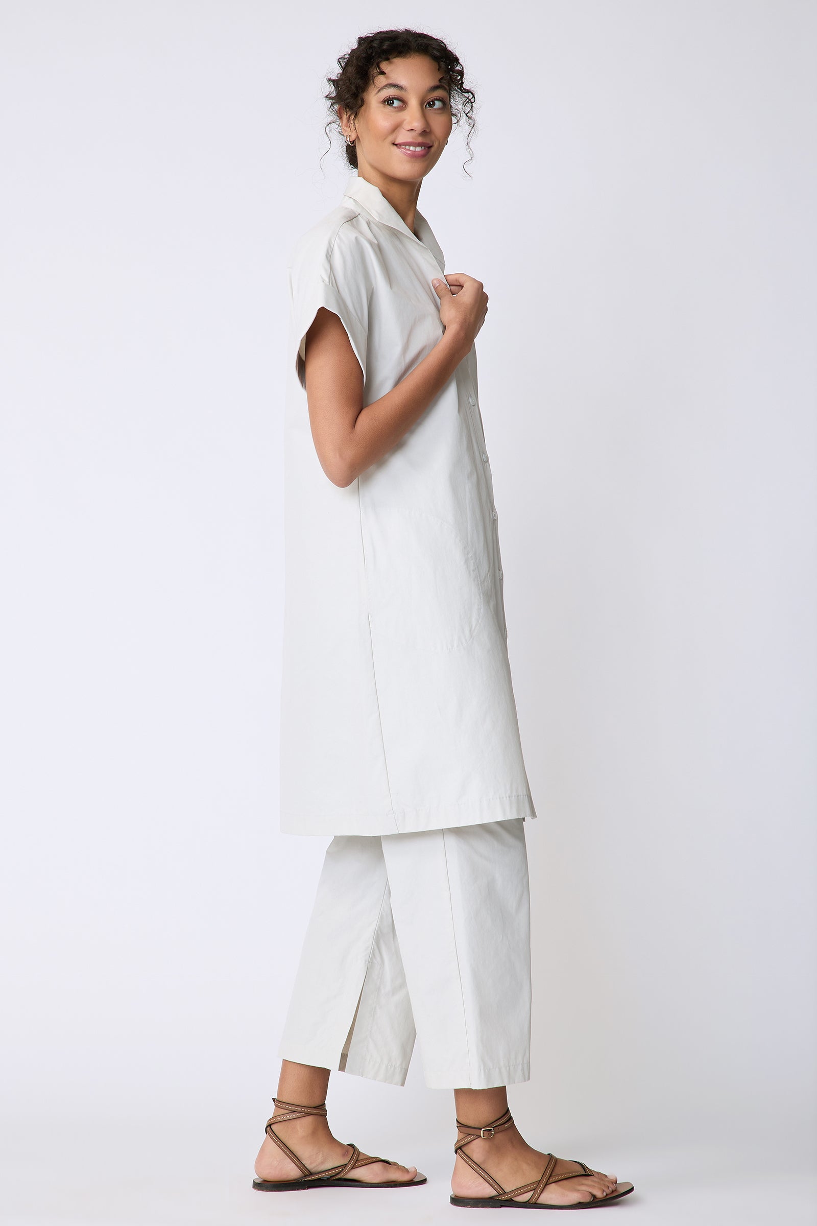 Kal Rieman Holly Kimono Dress in Italian broadcloth stone on model side view walking
