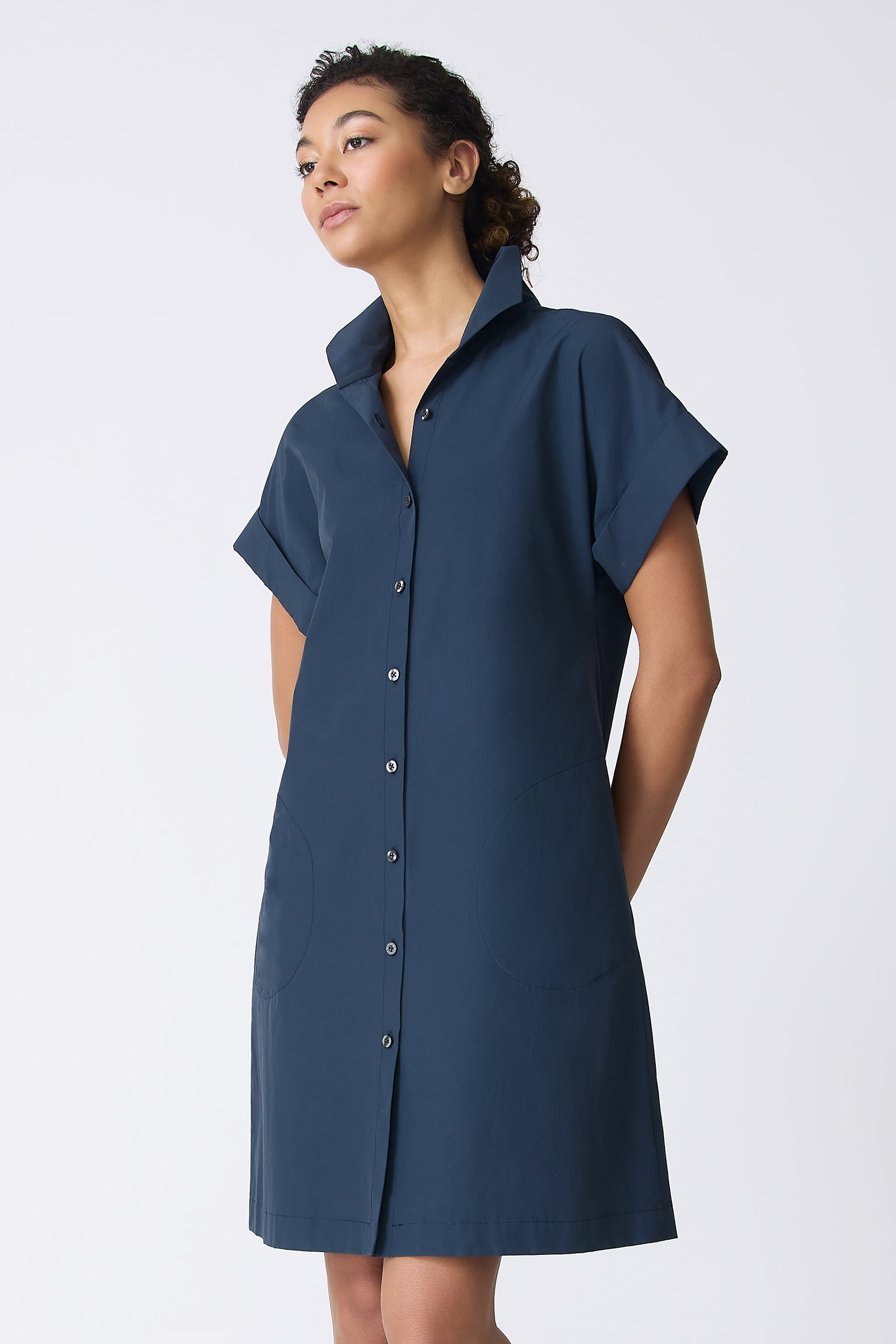 Kal Rieman Holly Kimono Dress in Summer Navy on model with hands behind back front view