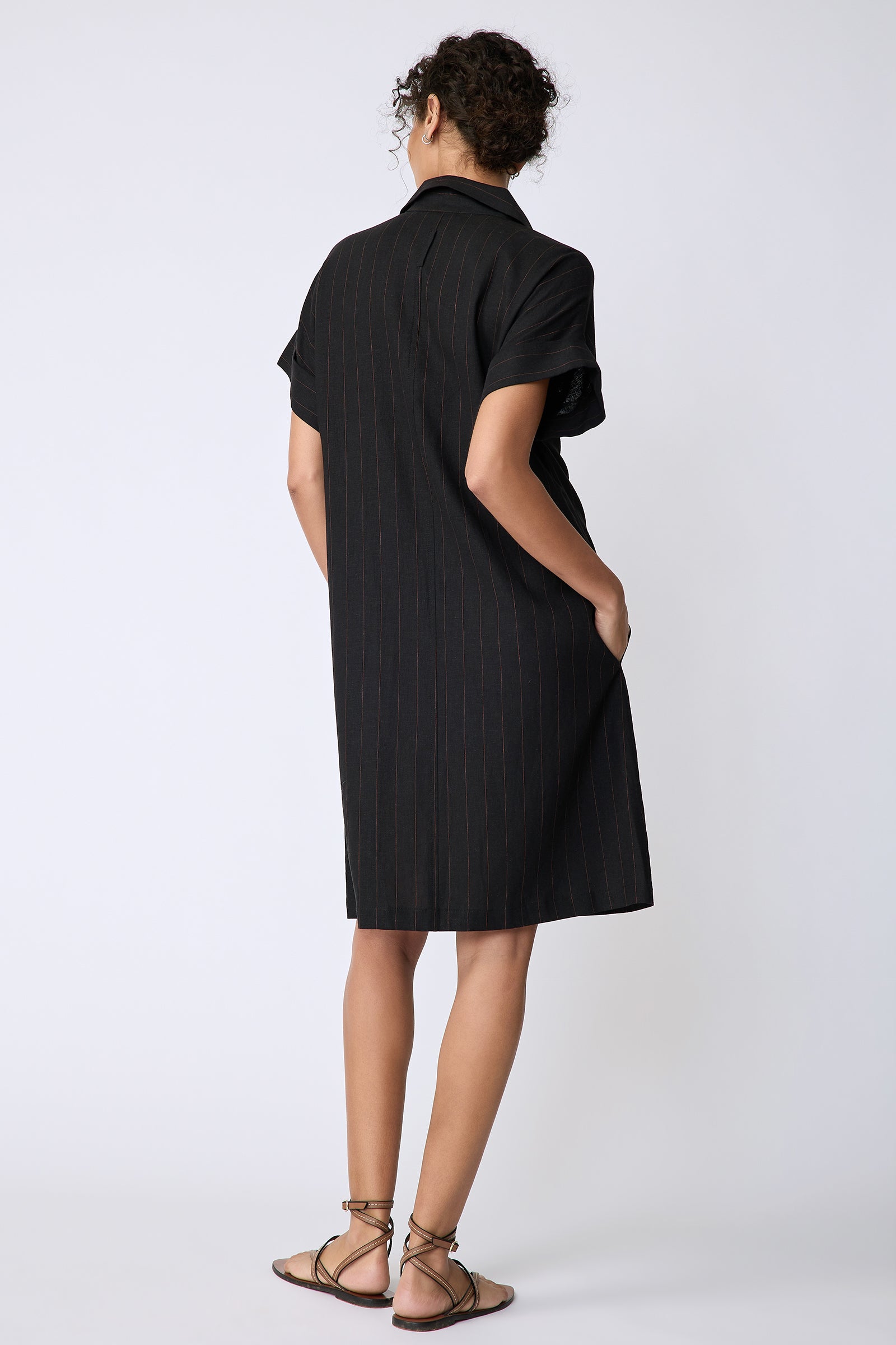 Kal Rieman Holly Kimono Dress in black pinstripe linen on model back view