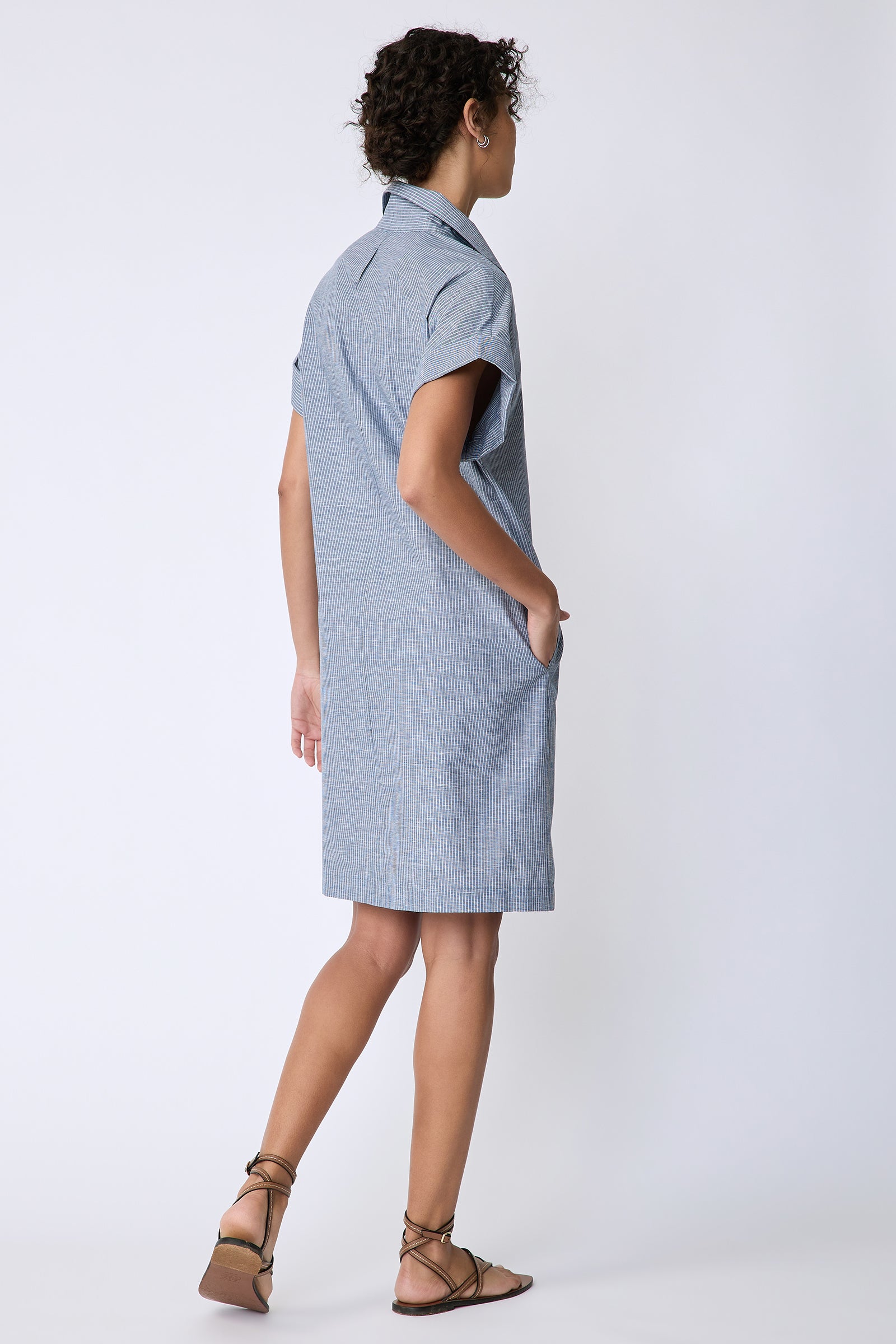 Kal Rieman Holly Kimono Dress in dark indigo mini stripe on model back view