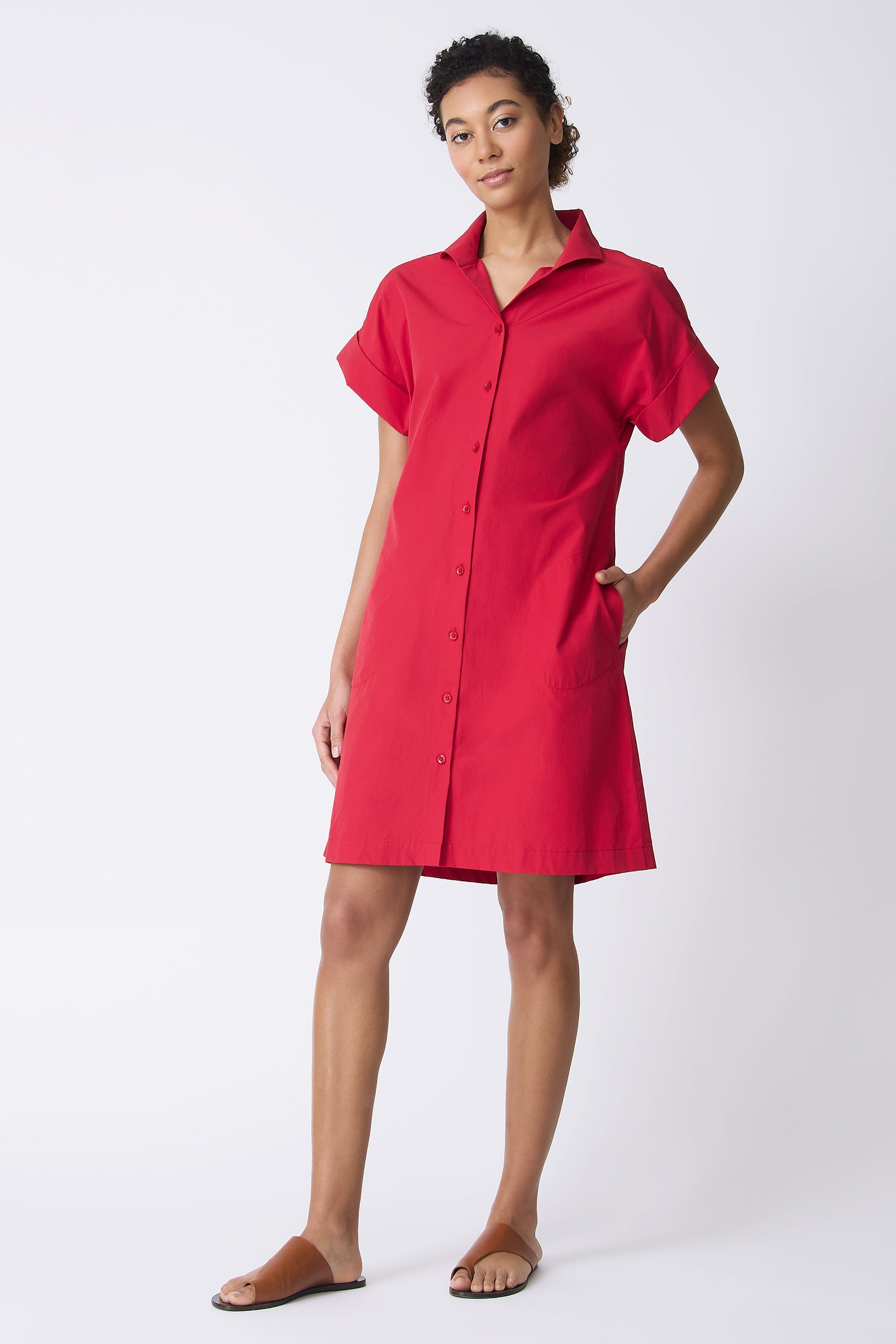 Kal Rieman Holly Kimono Dress in Red on model with hand in pocket full front view