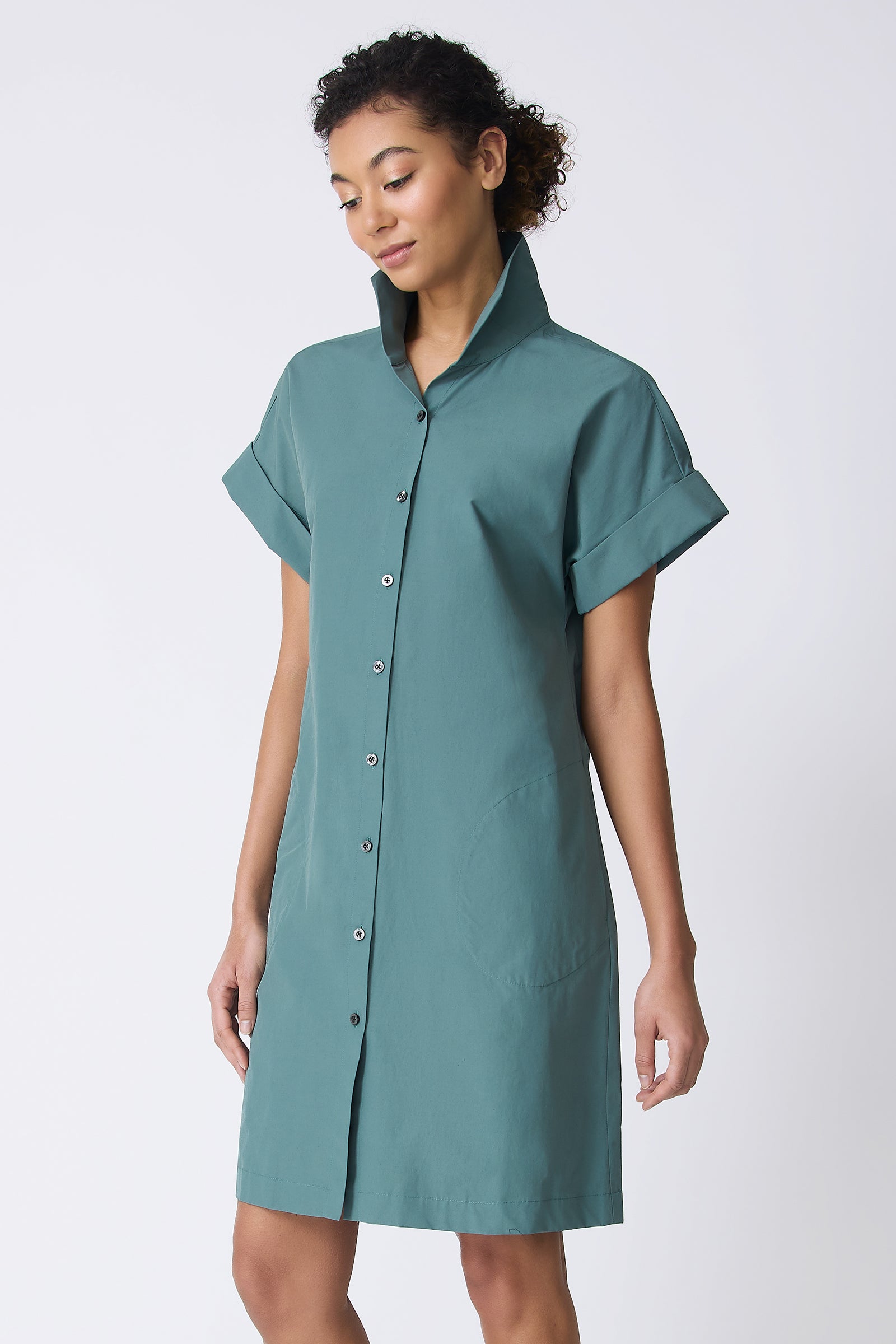 Kal Rieman Holly Kimono Dress in Sage on model looking down front view