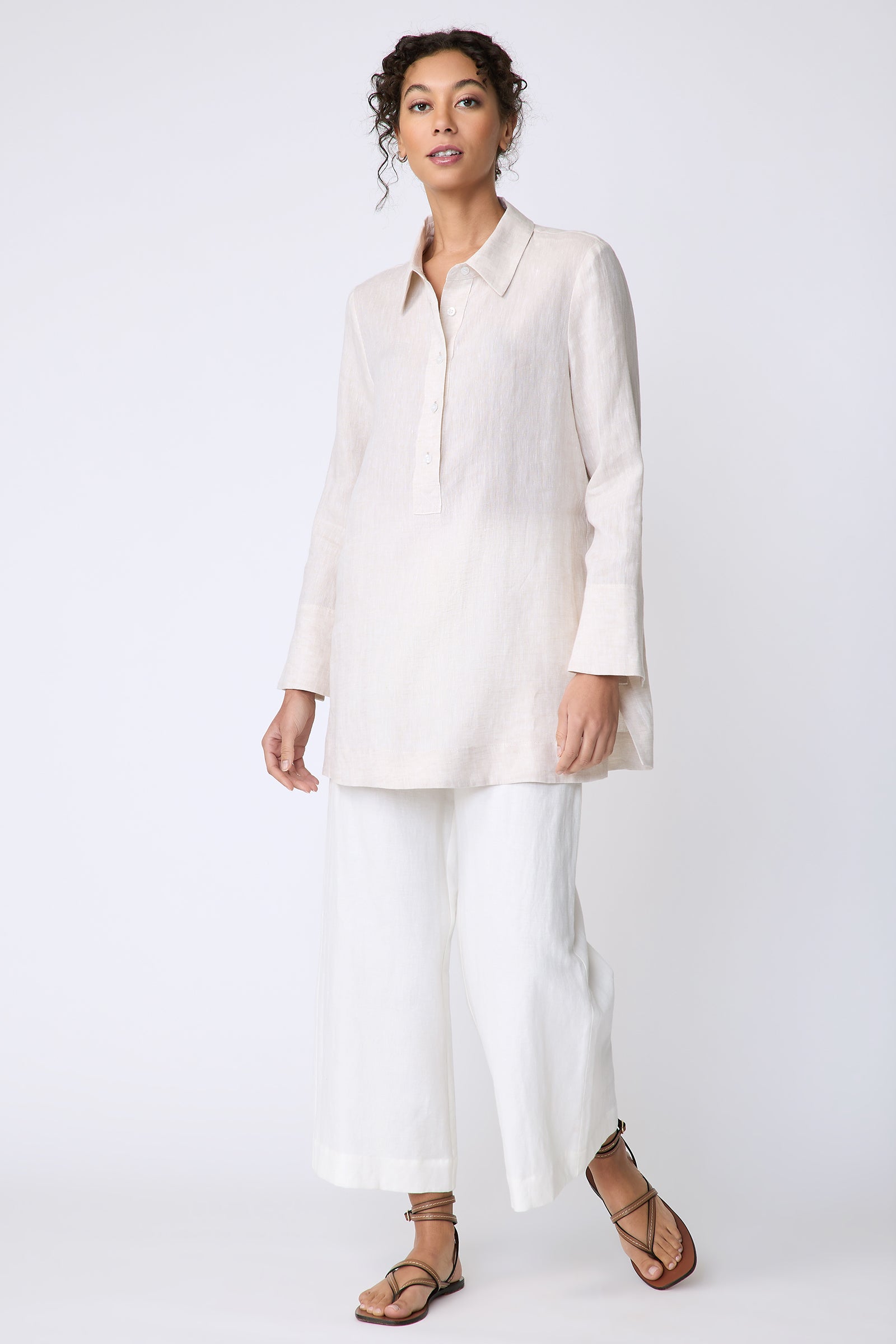 Kal Rieman Inez Placket Tunic in linen color sand on front view full length walking