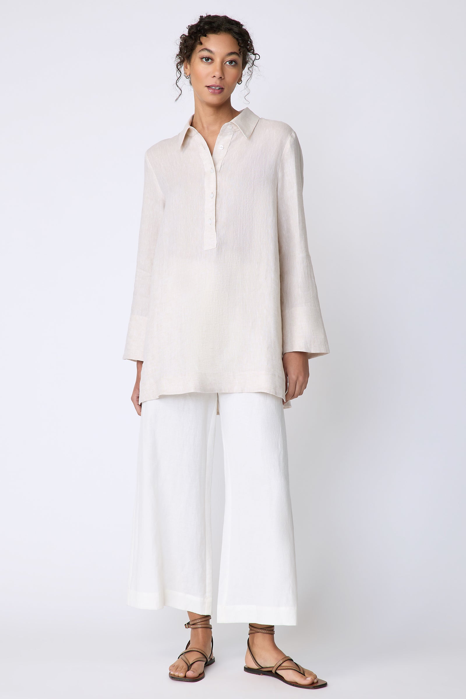 Kal Rieman Inez Placket Tunic in linen color sand on front view full length