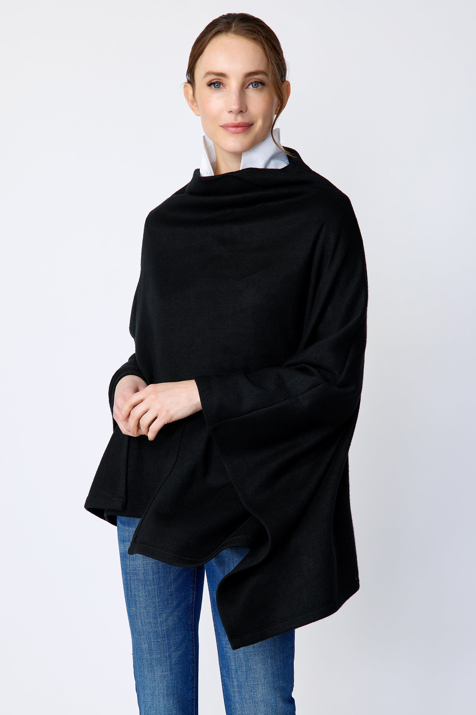 Kal Rieman Jackie Poncho in black soft knit on model front view