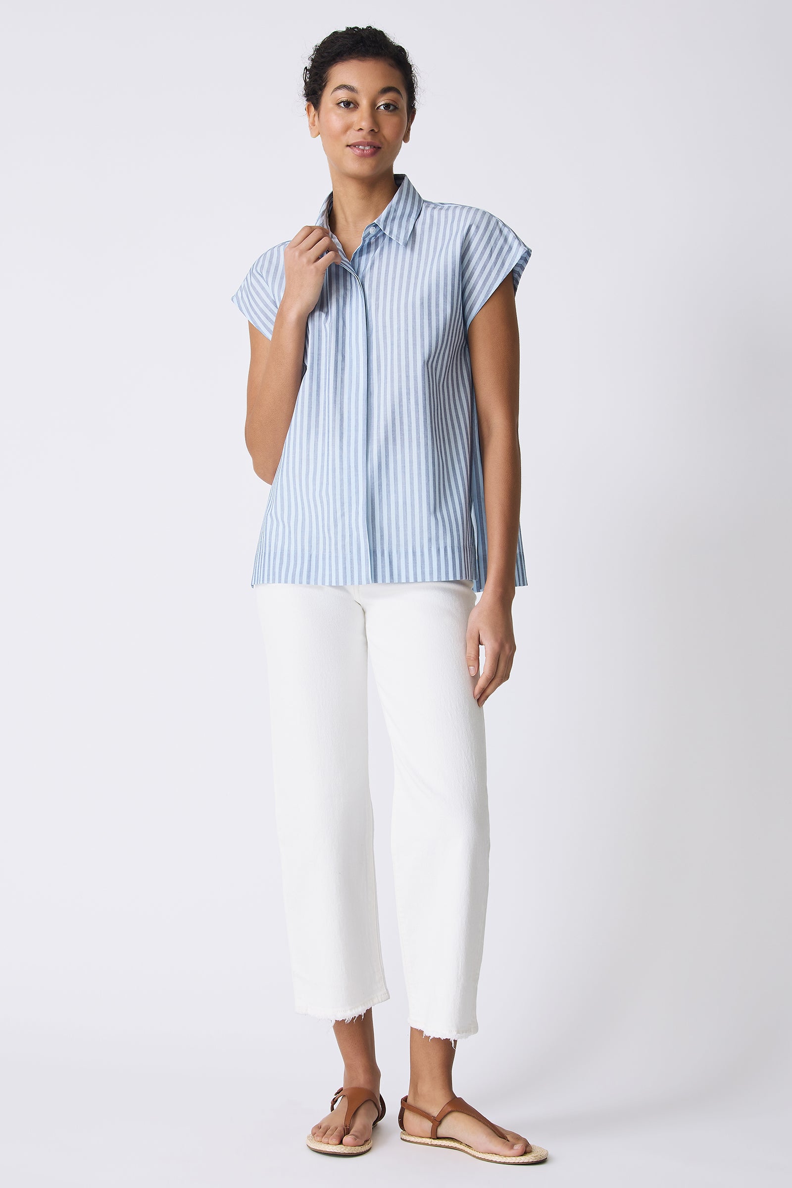 Kal Rieman Jane Cap Sleeve Shirt in Cabana Stripe Blue on model full front view