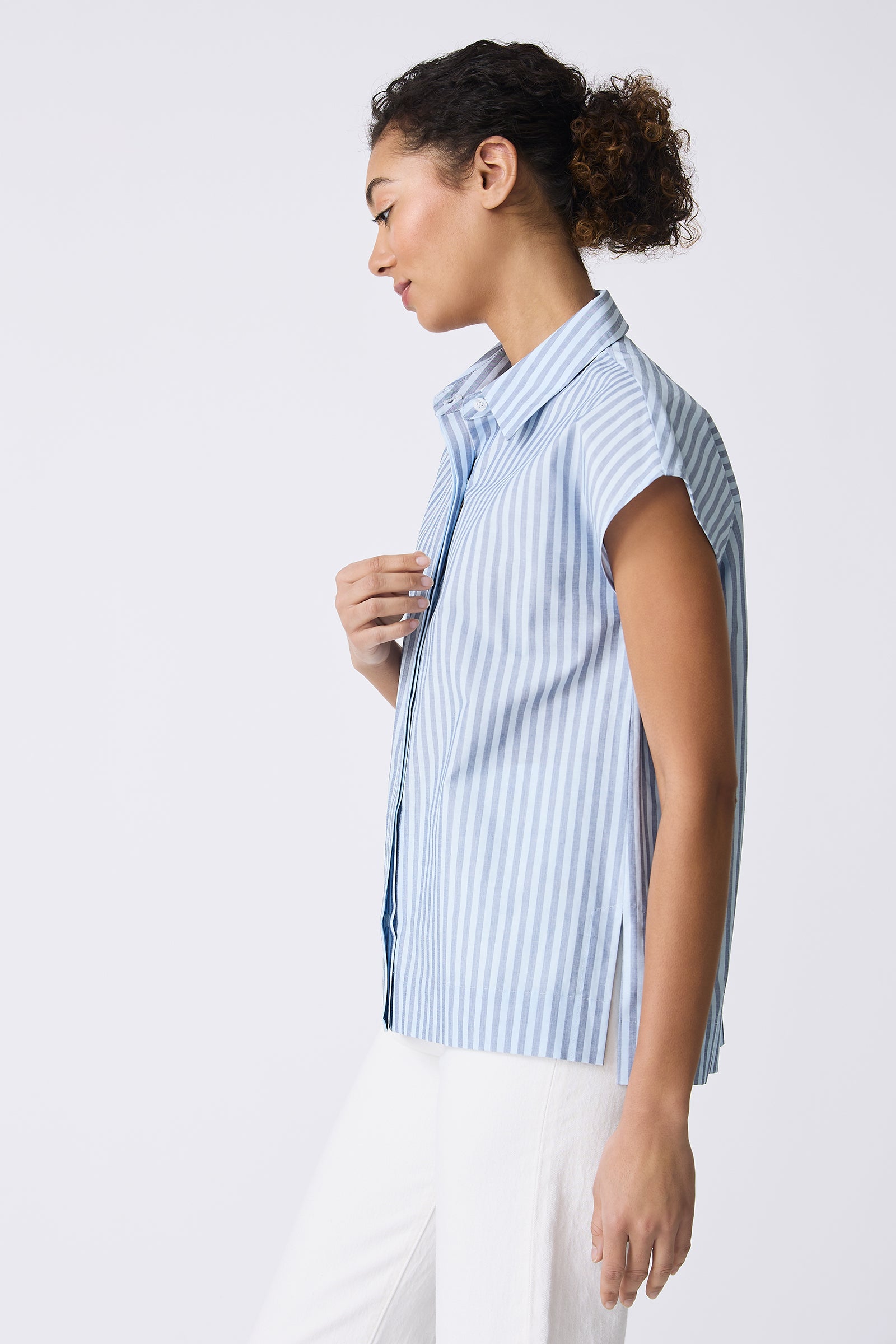 Kal Rieman Jane Cap Sleeve Shirt in Cabana Stripe Blue on model side view