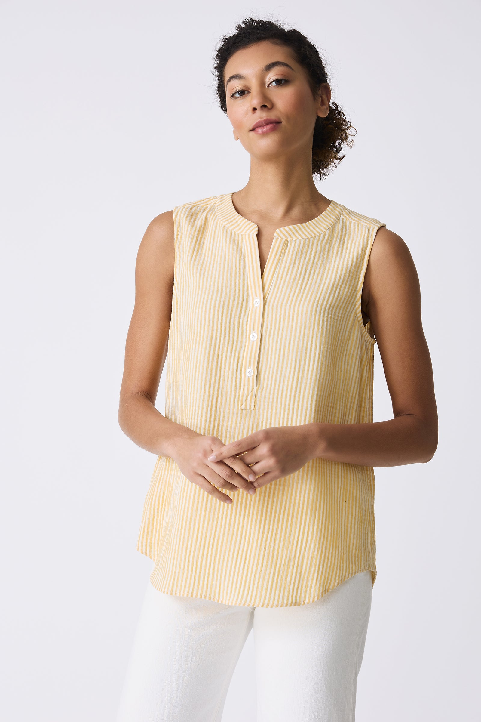 Kal Rieman Jolie Gauze Tank in Honey Stripe on model with hands in front of body front view