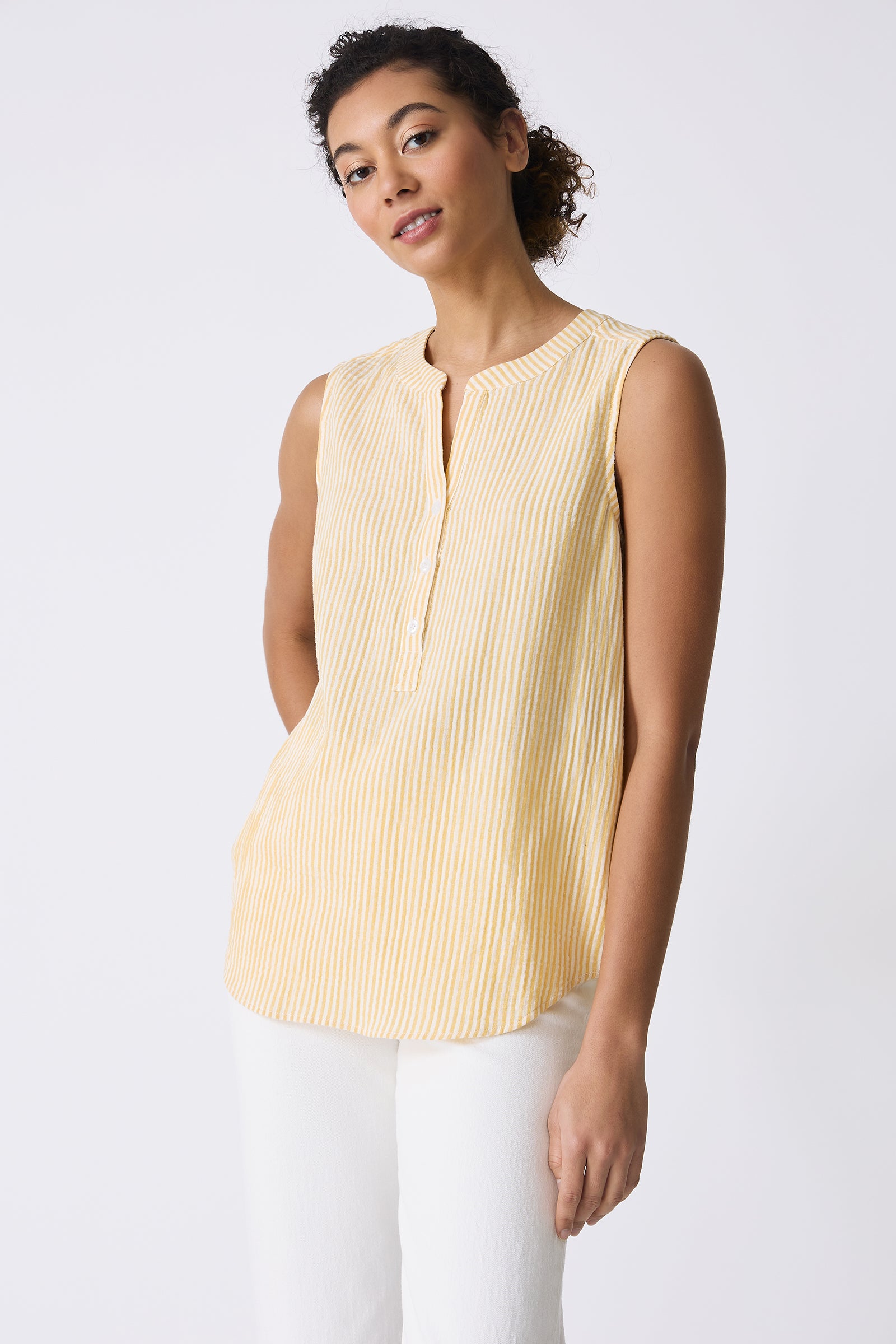 Kal Rieman Jolie Gauze Tank in Honey Stripe on model smiling front view