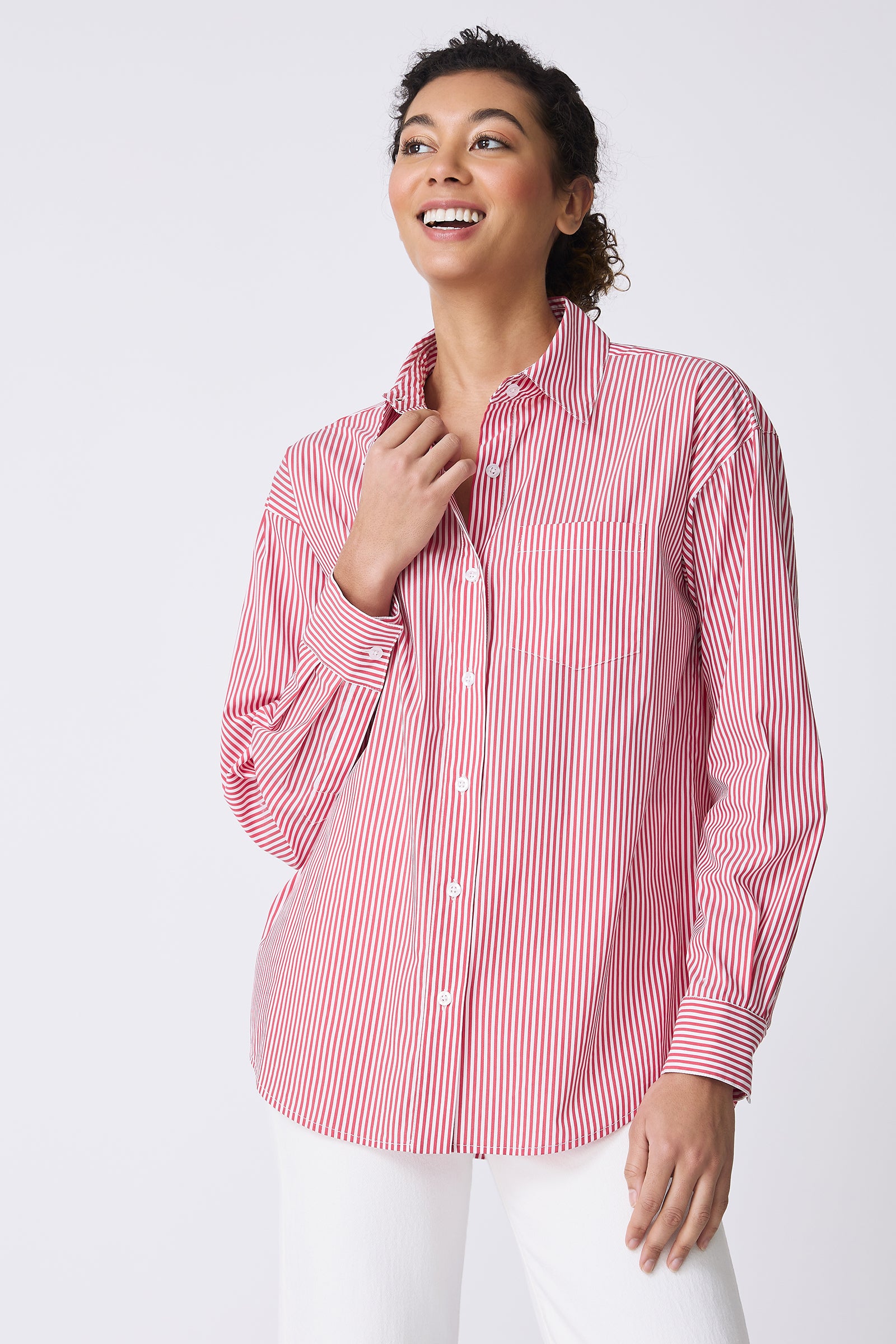 Kal Rieman Joni Boyfriend Shirt in Miami Stripe Red on model smiling front view