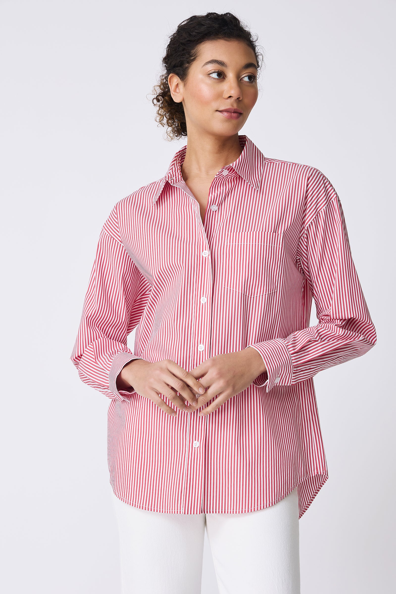 Kal Rieman Joni Boyfriend Shirt in Miami Stripe Red on model looking left front view