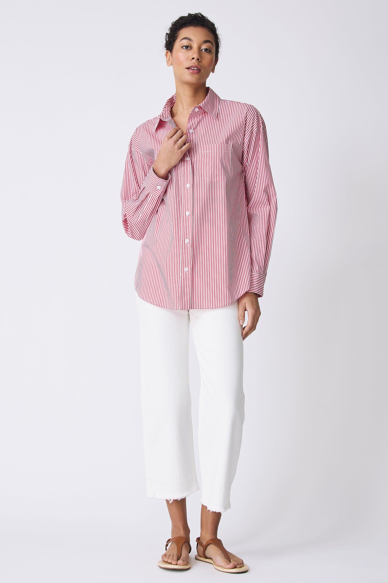 Kal Rieman Joni Boyfriend Shirt in Miami Stripe Red on model full front view