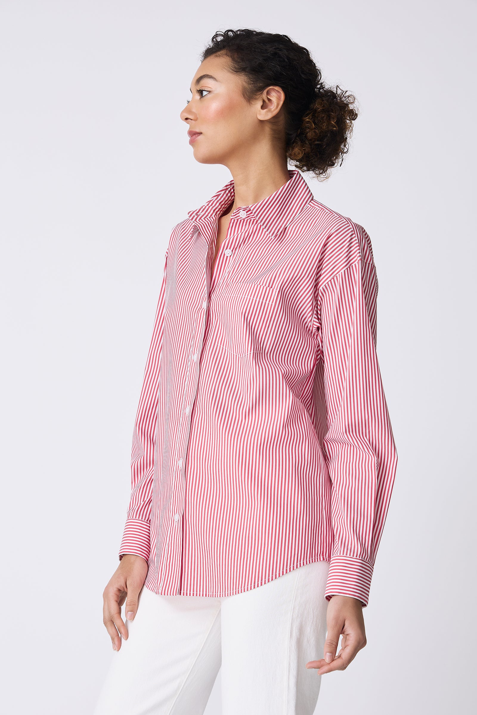Kal Rieman Joni Boyfriend Shirt in Miami Stripe Red on model side view