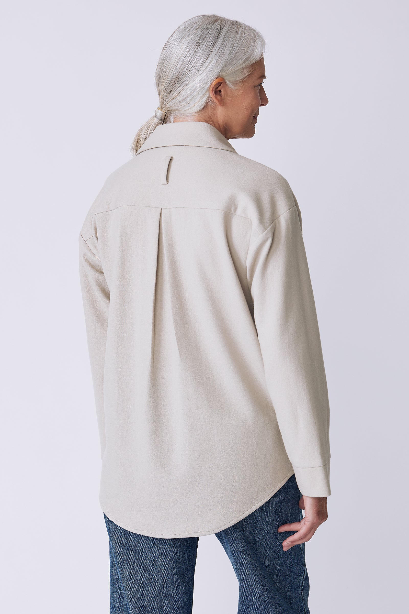 Kal Rieman Julian pullover in mink felted jersey on model back view
