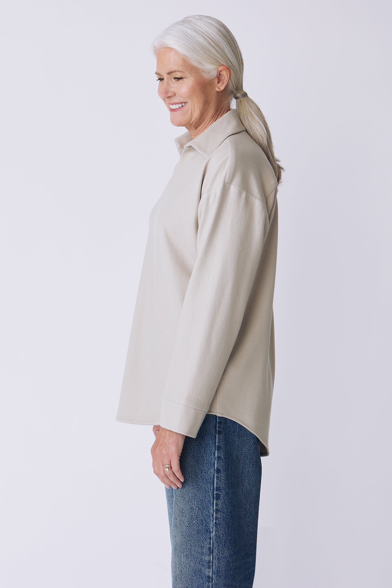 Kal Rieman Julian pullover in mink felted jersey on model side view