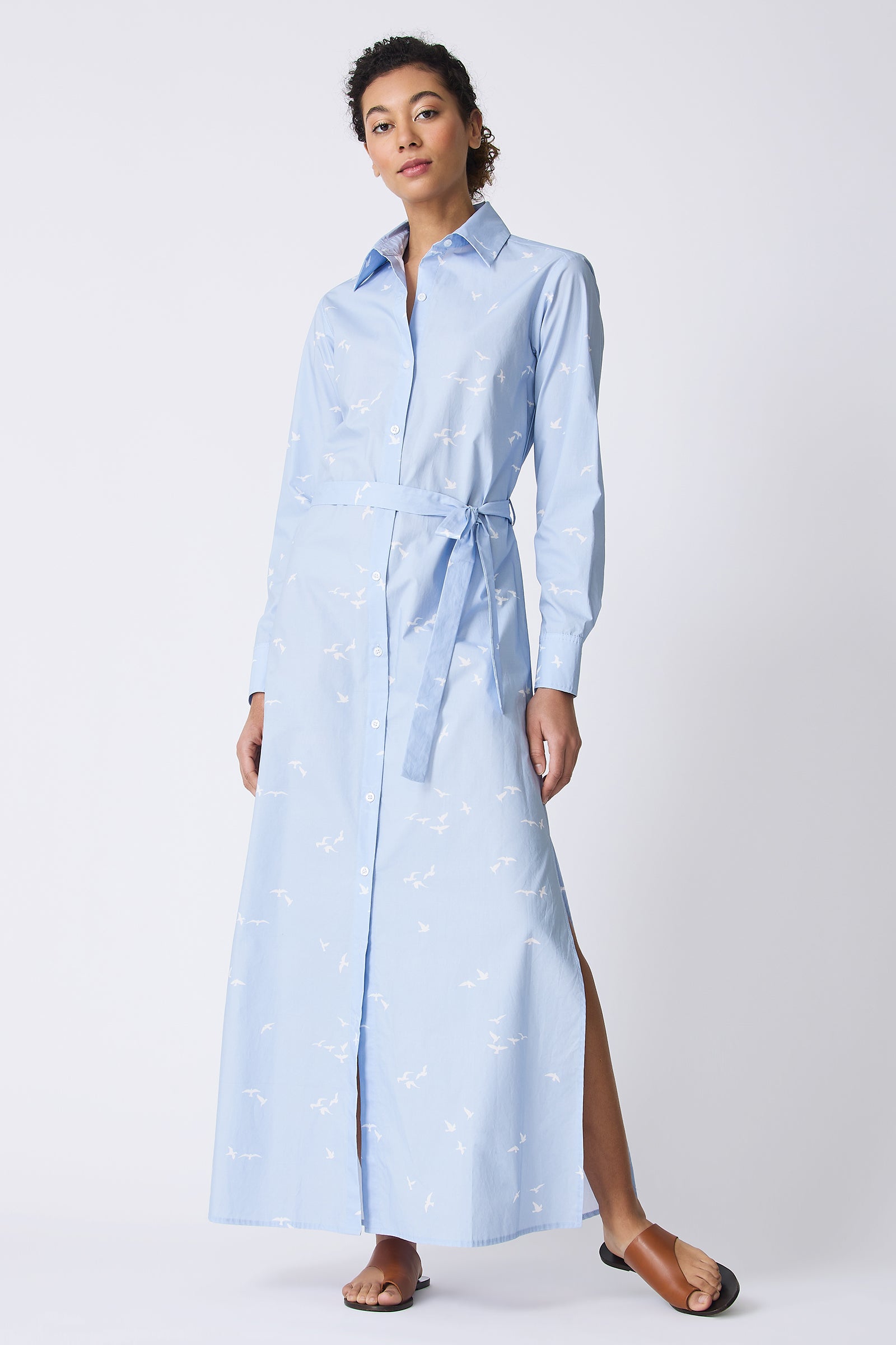 Kal Rieman June Maxi Dress in Oxford Blue Bird Print on model full front view
