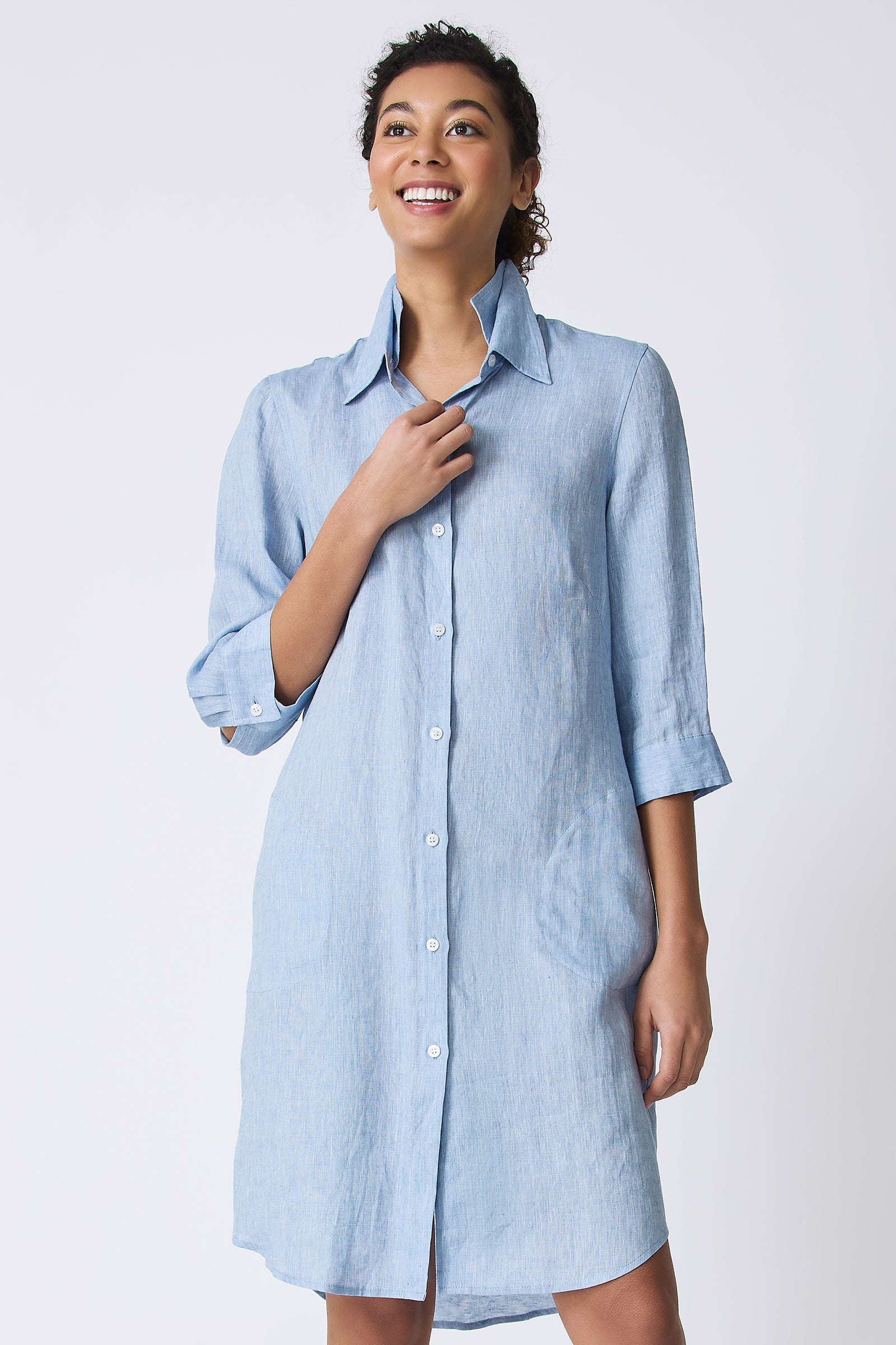 Kal Rieman Katie Shirt Dress in Sky Blue on model smiling front view