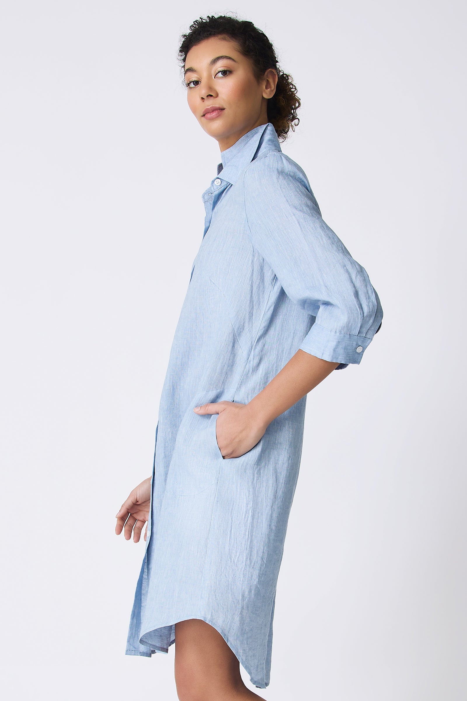Kal Rieman Katie Shirt Dress in Sky Blue on model side view