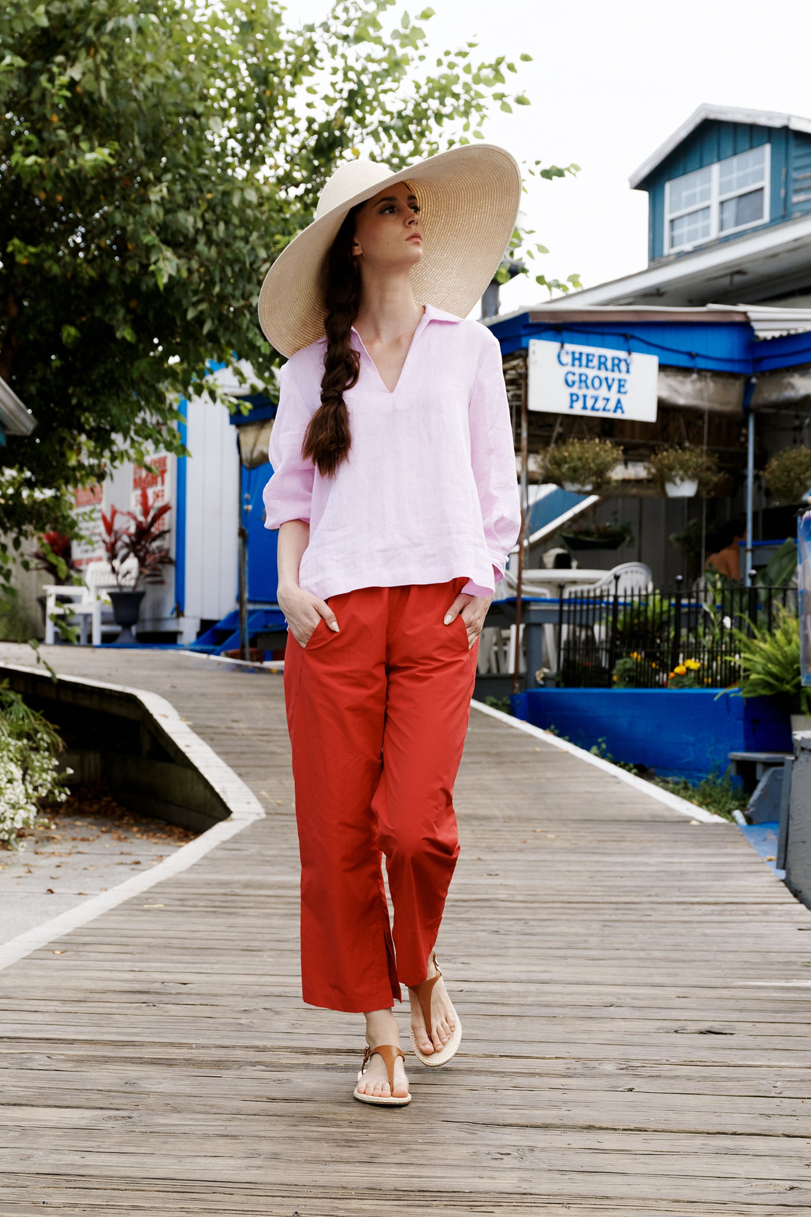 Kal Rieman Lea Collared V-Neck Top in Pink on model lookbook image