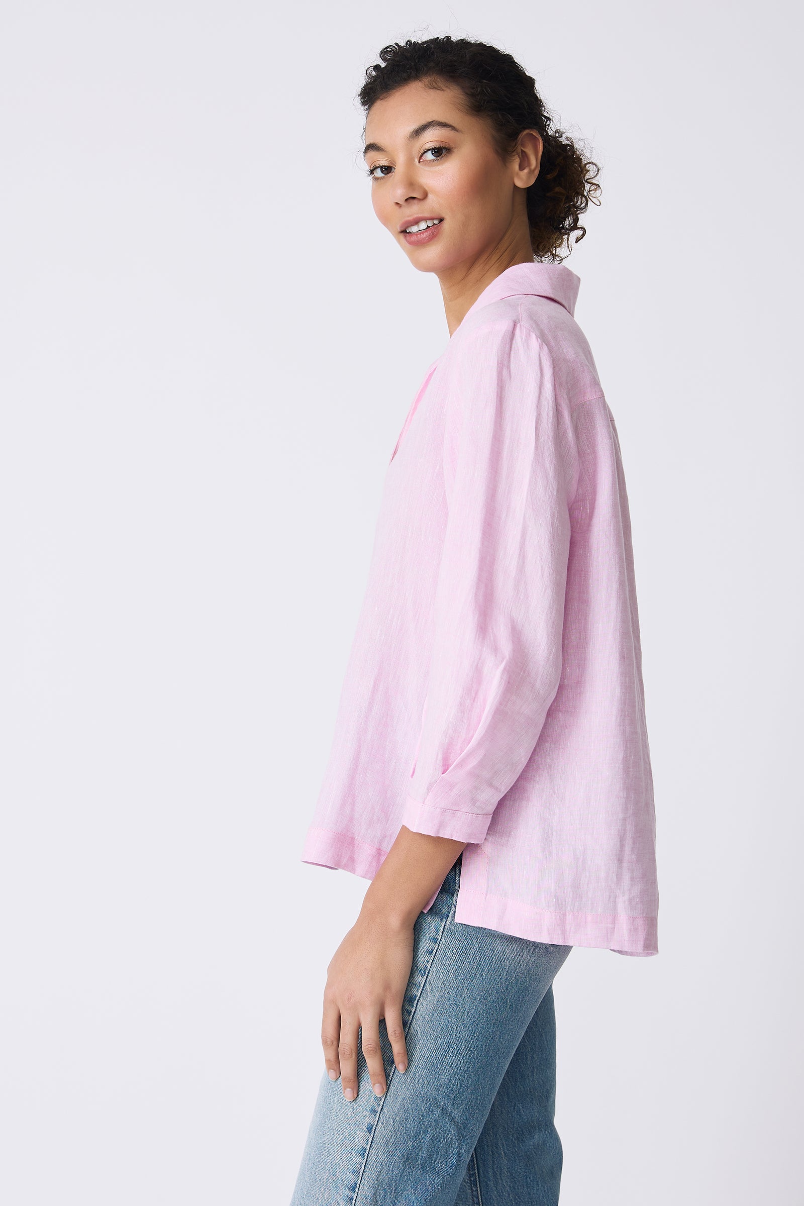 Kal Rieman Lea Collared V-Neck Top in Pink on model side view