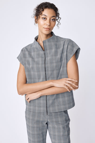 Lena Zip Vest in Seafoam Plaid With Mock Neck Collar Shape – KAL
