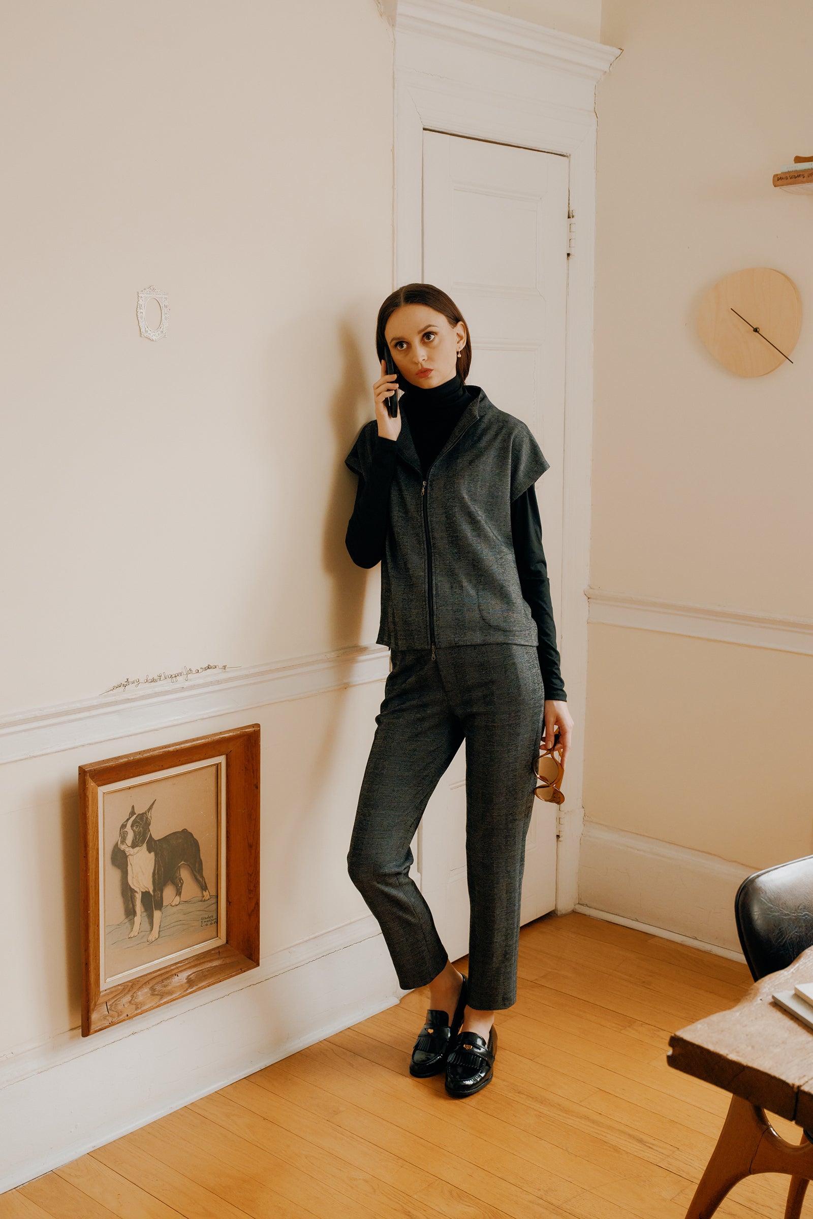 Kal Rieman Madison pant in black plaid lookbook image