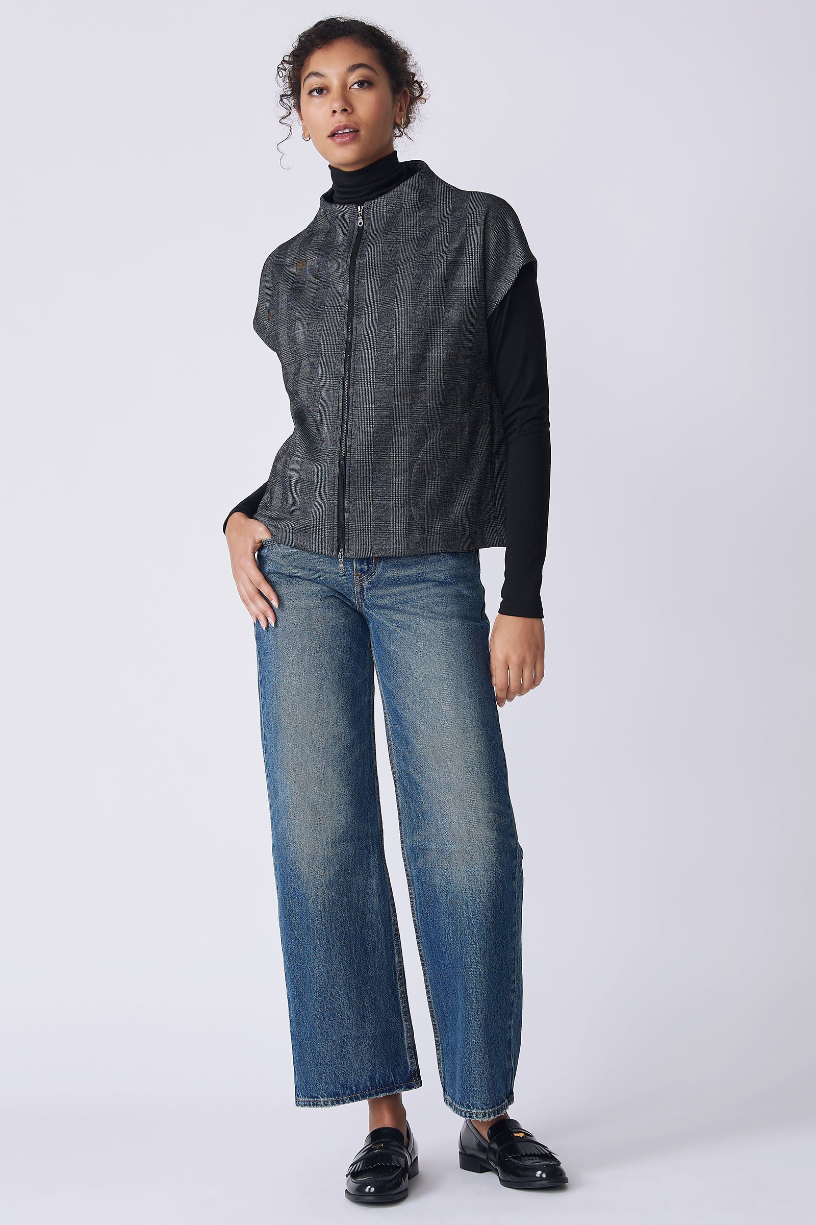 Kal Rieman Lena Zip Vest in black plaid on model full view