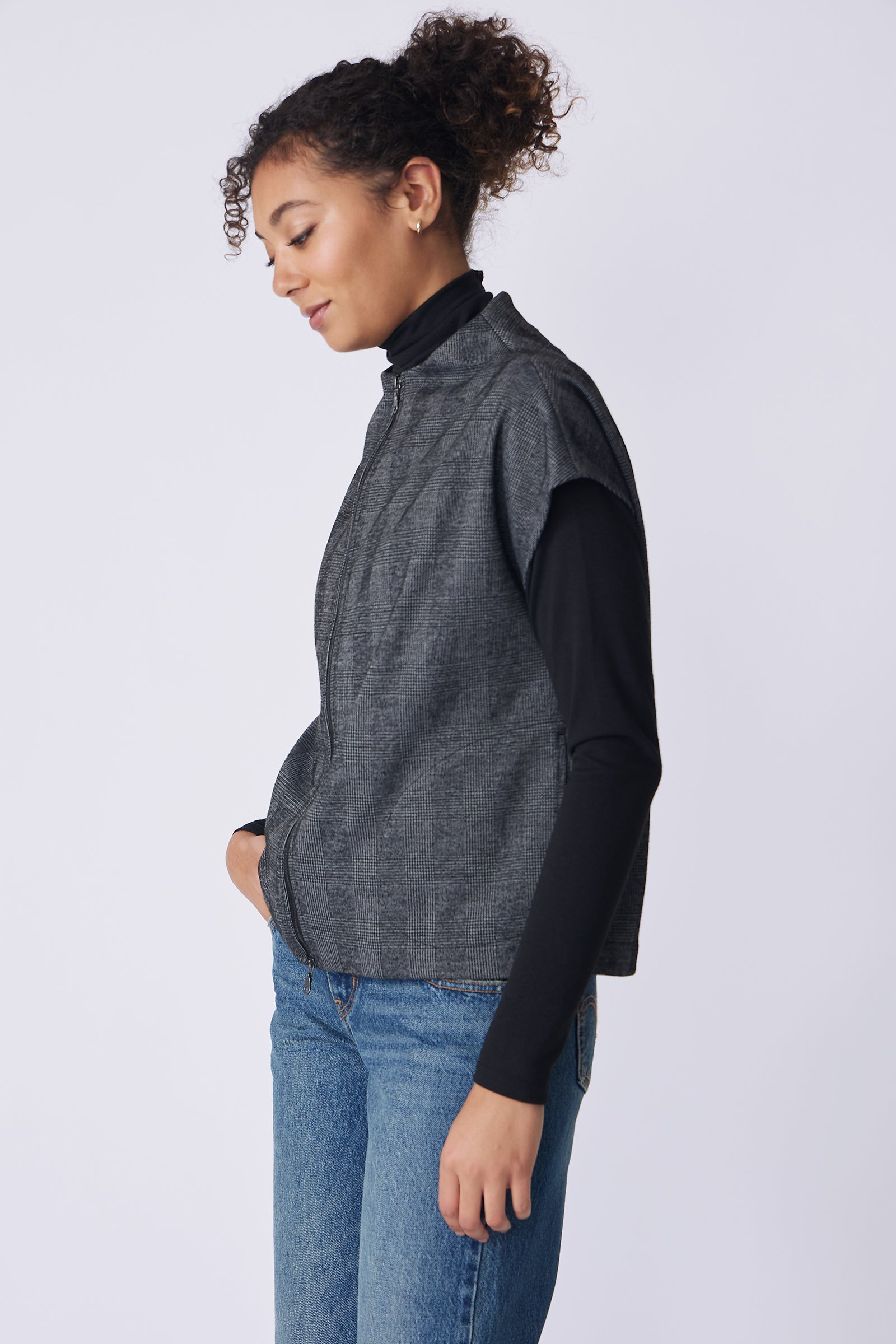 Kal Rieman Lena Zip Vest in black plaid on model side view