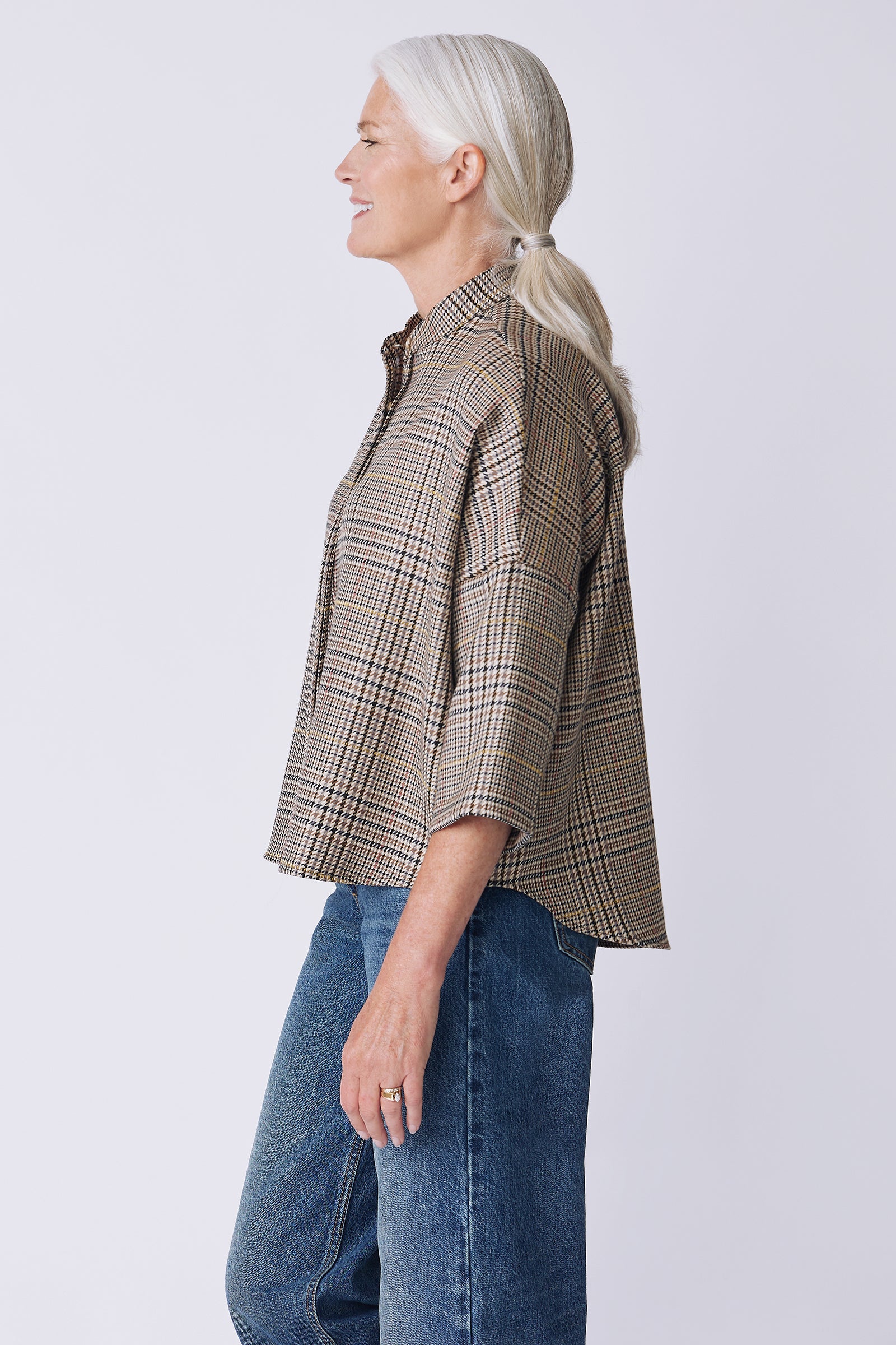 Kal Rieman Lilly Drop Shoulder Top in Plaid on model side view