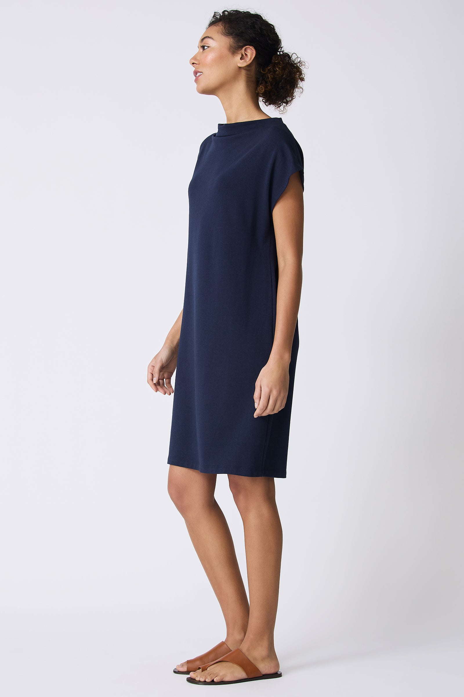 Kal Rieman Luca Cowl Dress in Navy on model full side view