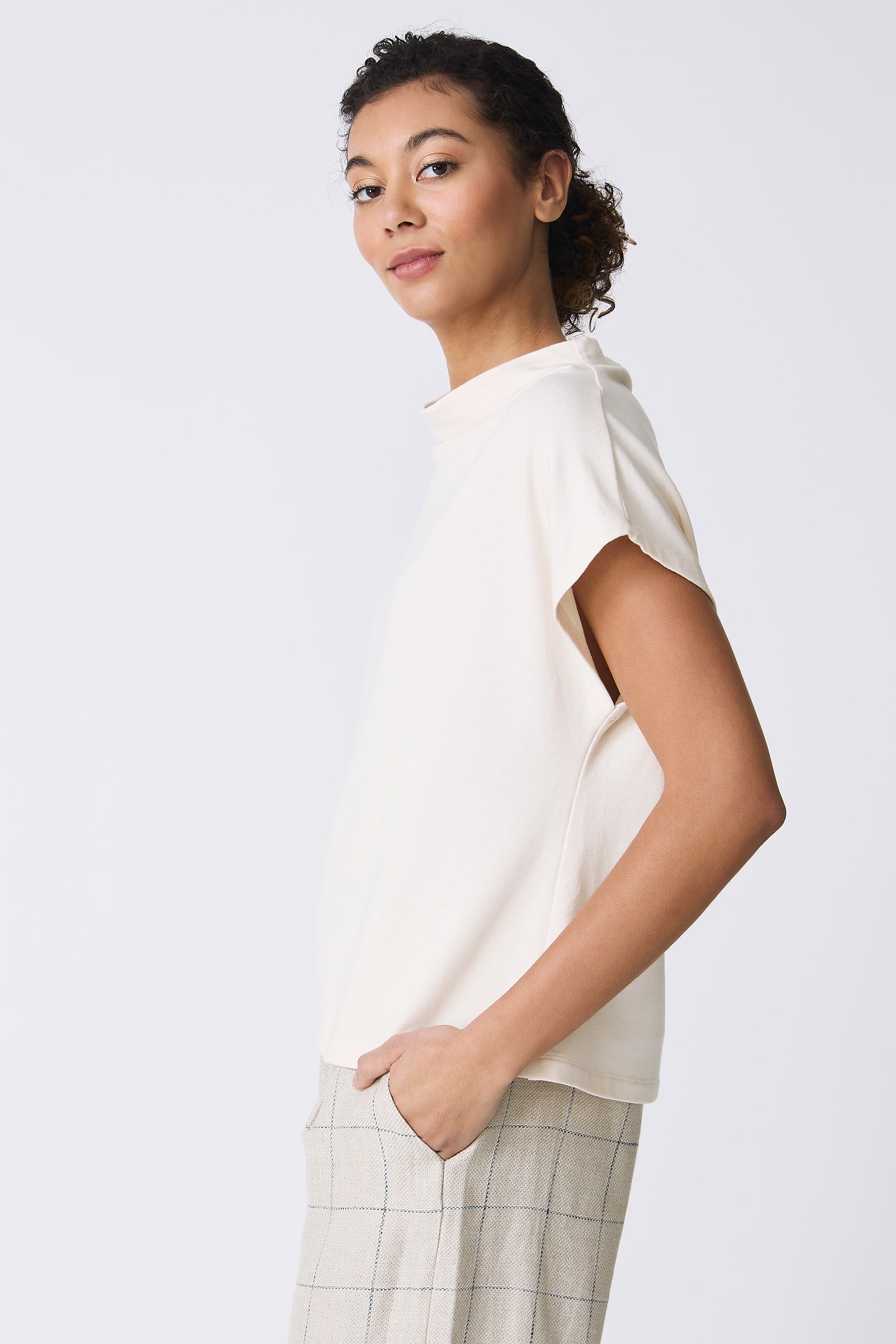 Kal Rieman Luca Cowl Top in Ivory on model side view