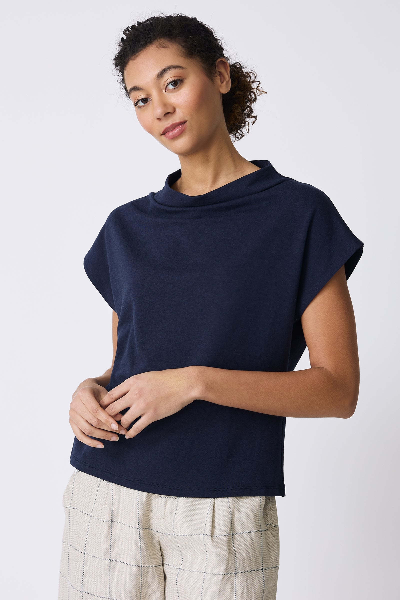 Kal Rieman Luca Cowl Top in Navy on model front view