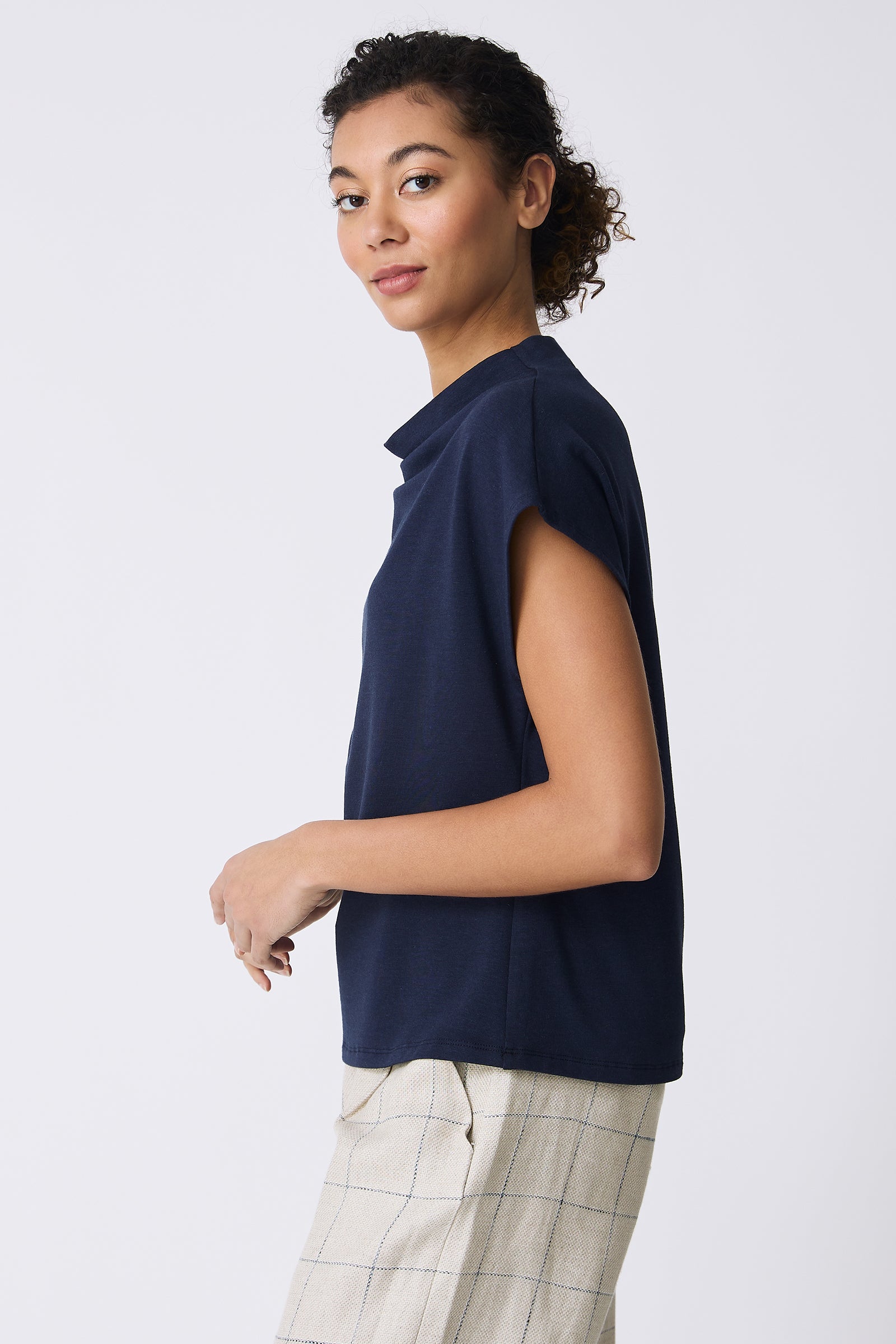 Kal Rieman Luca Cowl Top in Navy on model side view