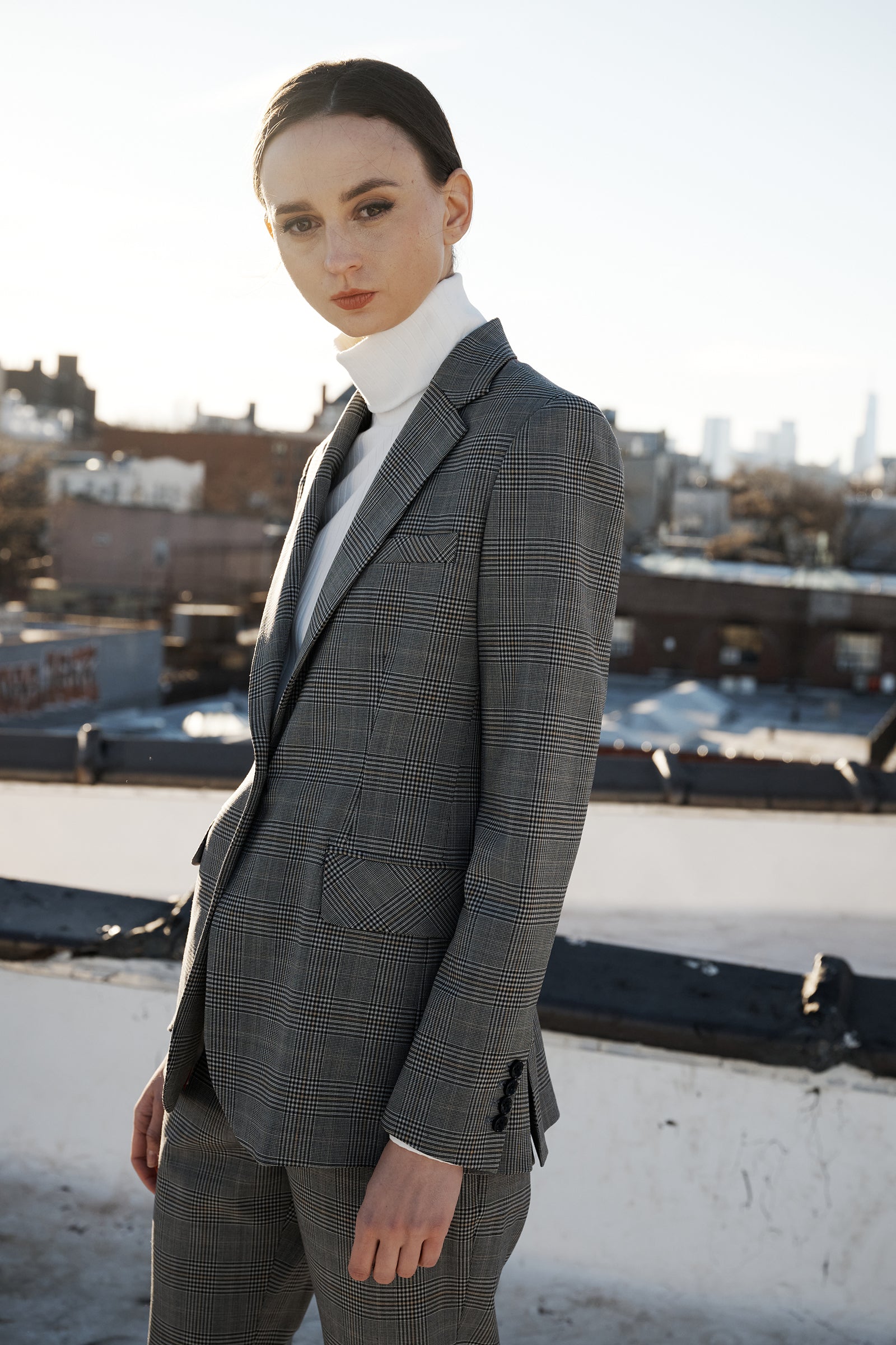 Kal Rieman Madeline Classic Notch Collar Blazer in Glen Plaid on Model Cropped