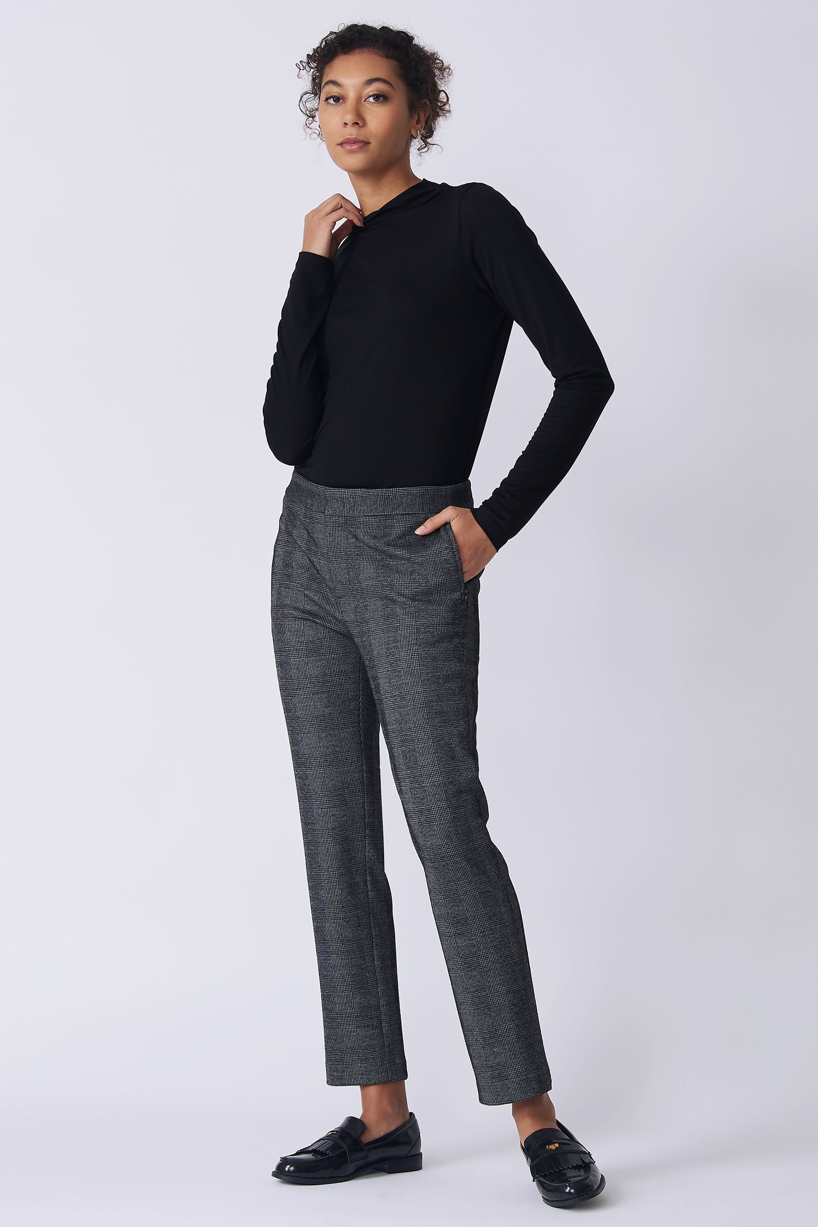 Kal Rieman Madison Pant in black plaid on model front view