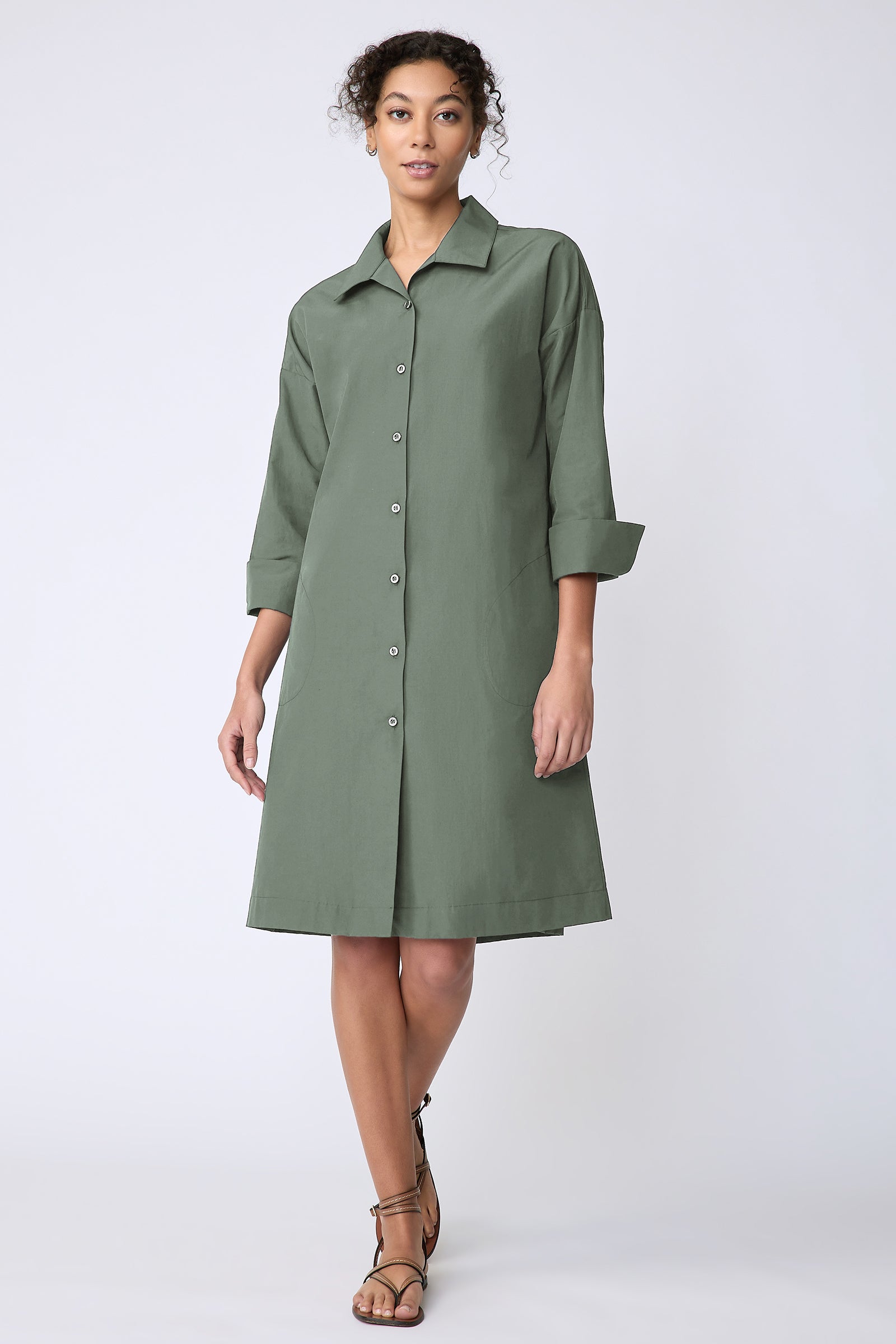 Kal Rieman Marion Dress in Cactus broadcloth on model walking