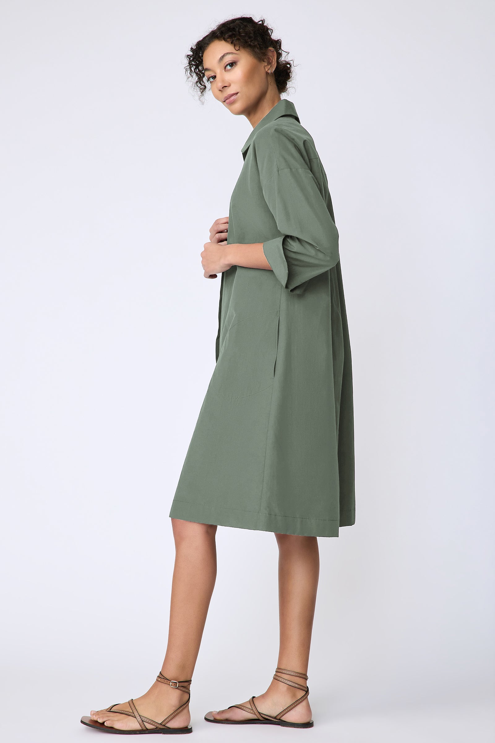 Kal Rieman Marion Dress in Cactus broadcloth on model side view