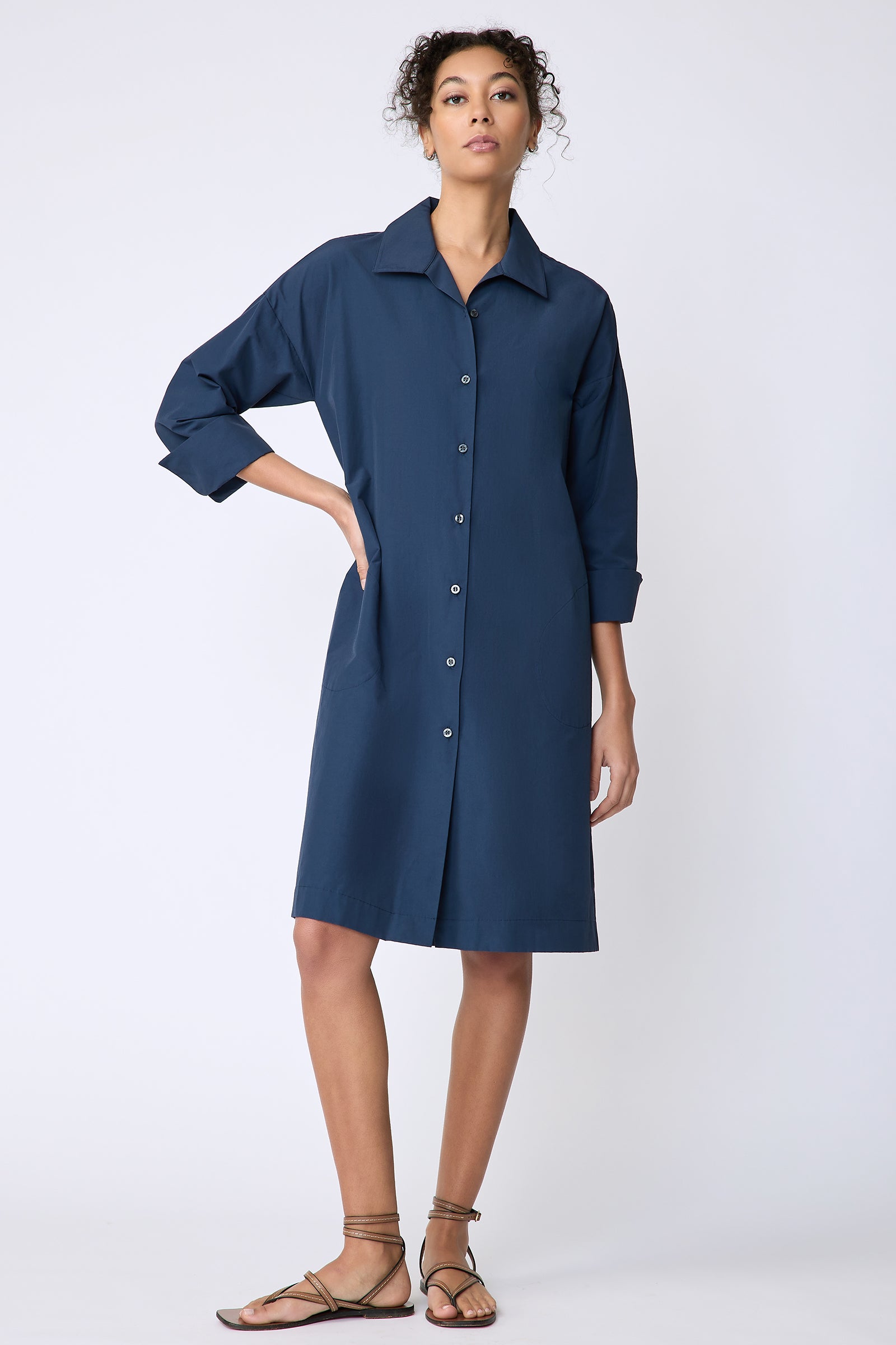 Kal Rieman Marion Shirt Dress in Italian broadcloth summer navy on model front view hand on hip