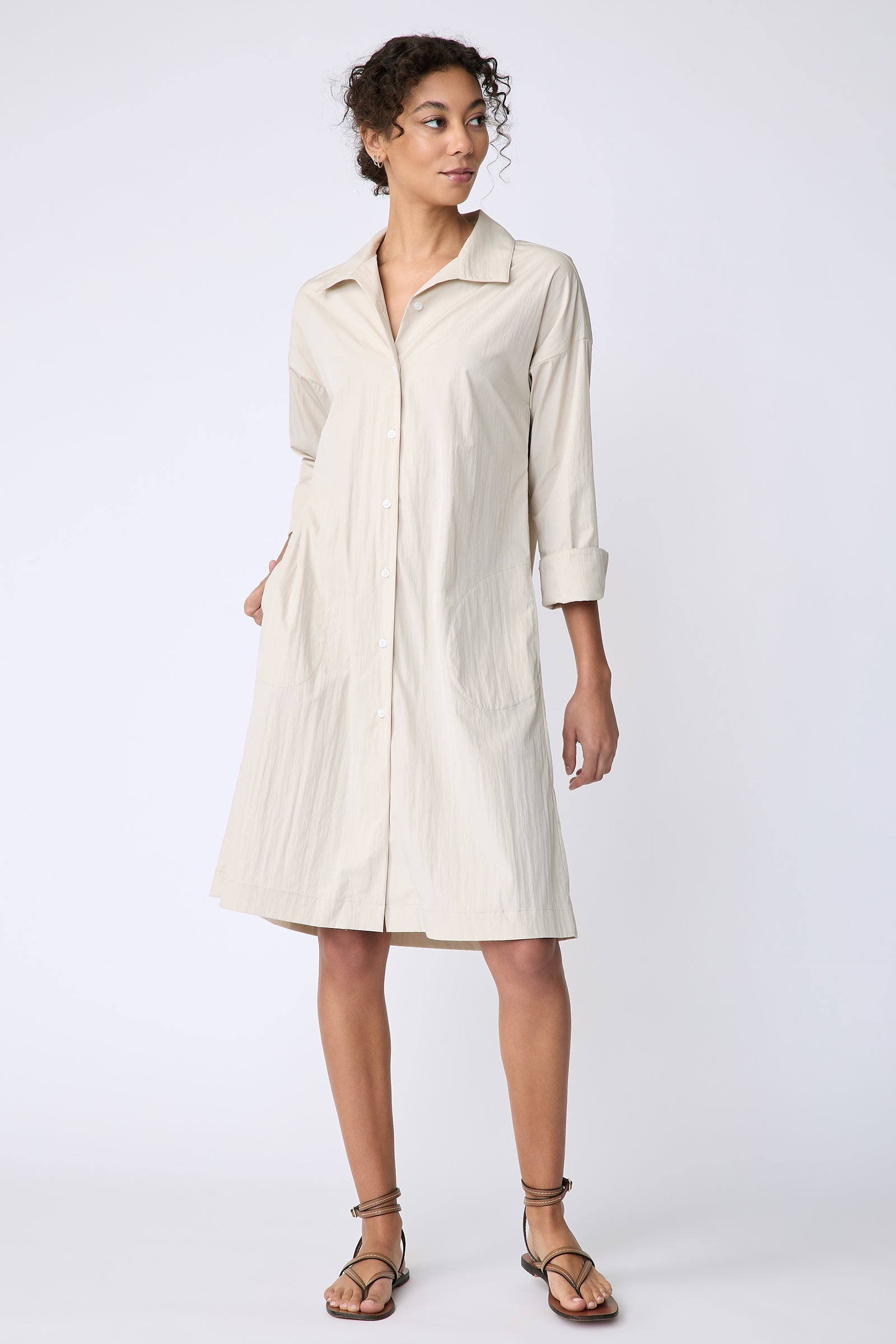 Kal Rieman Marion Shirt Dress in Typewriter cloth khaki on model front view right hand in pocket